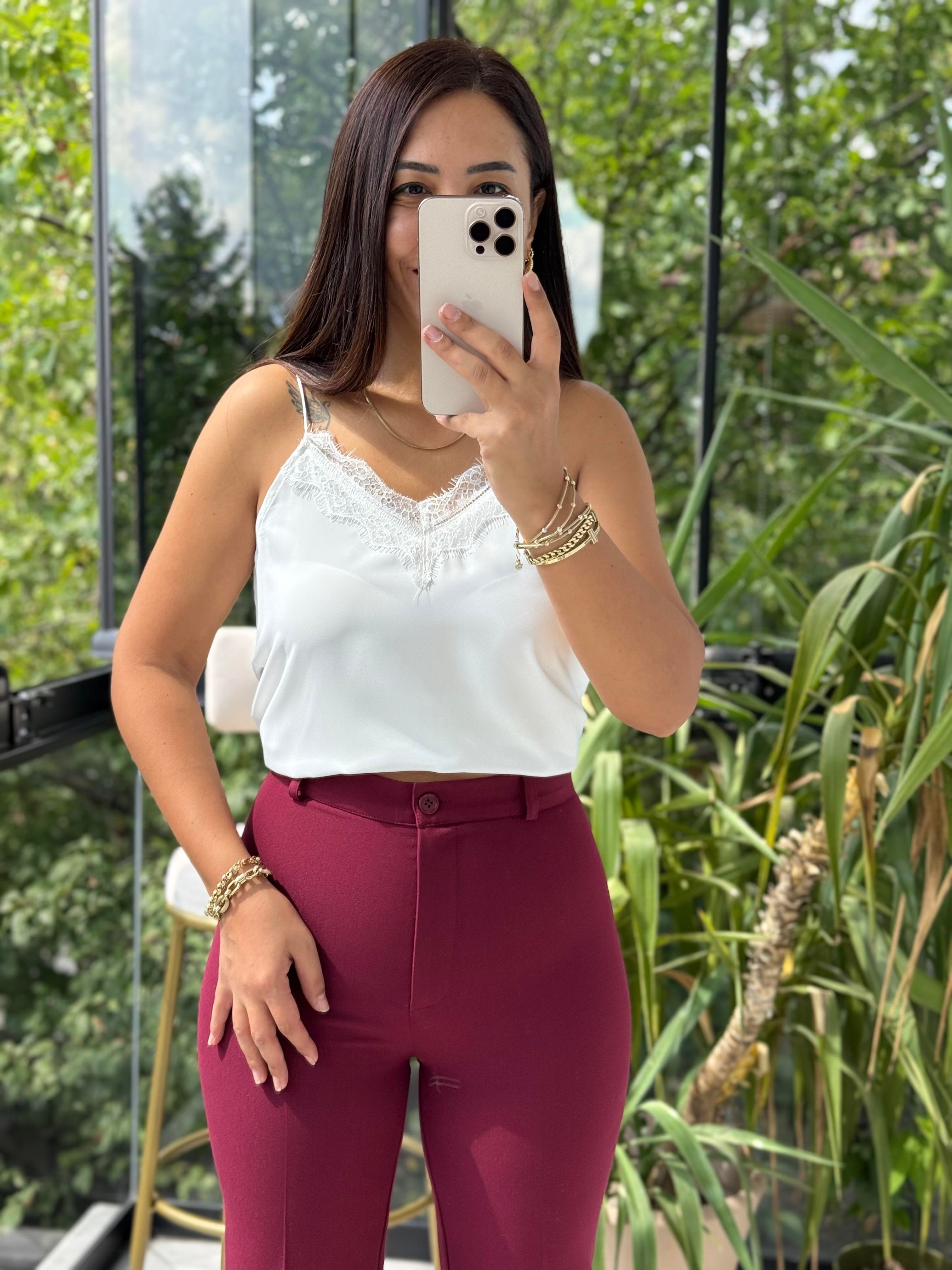 Dantelli İnce Askılı Atlet Ekru