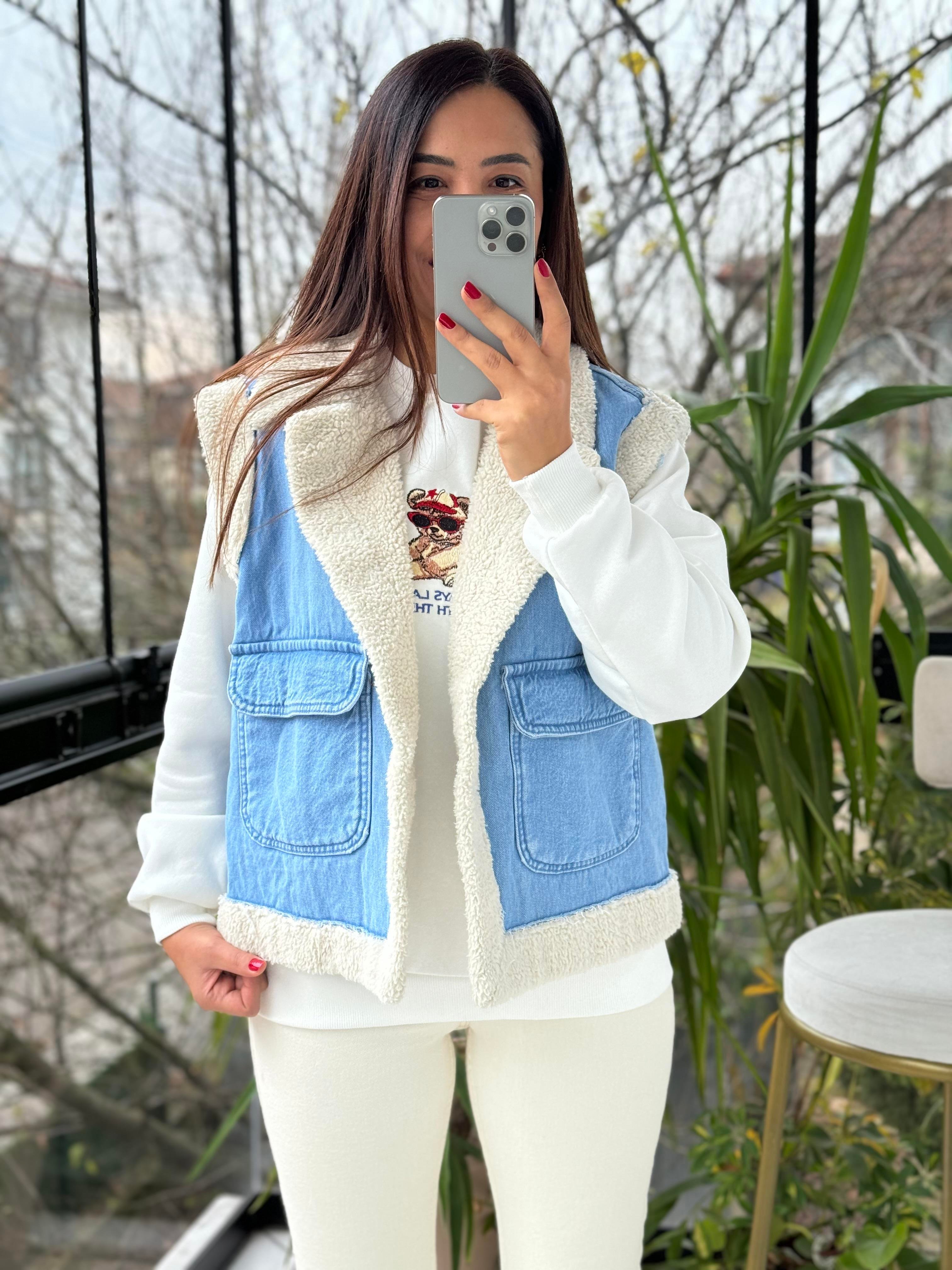 Denim Kürk Yelek Mavi