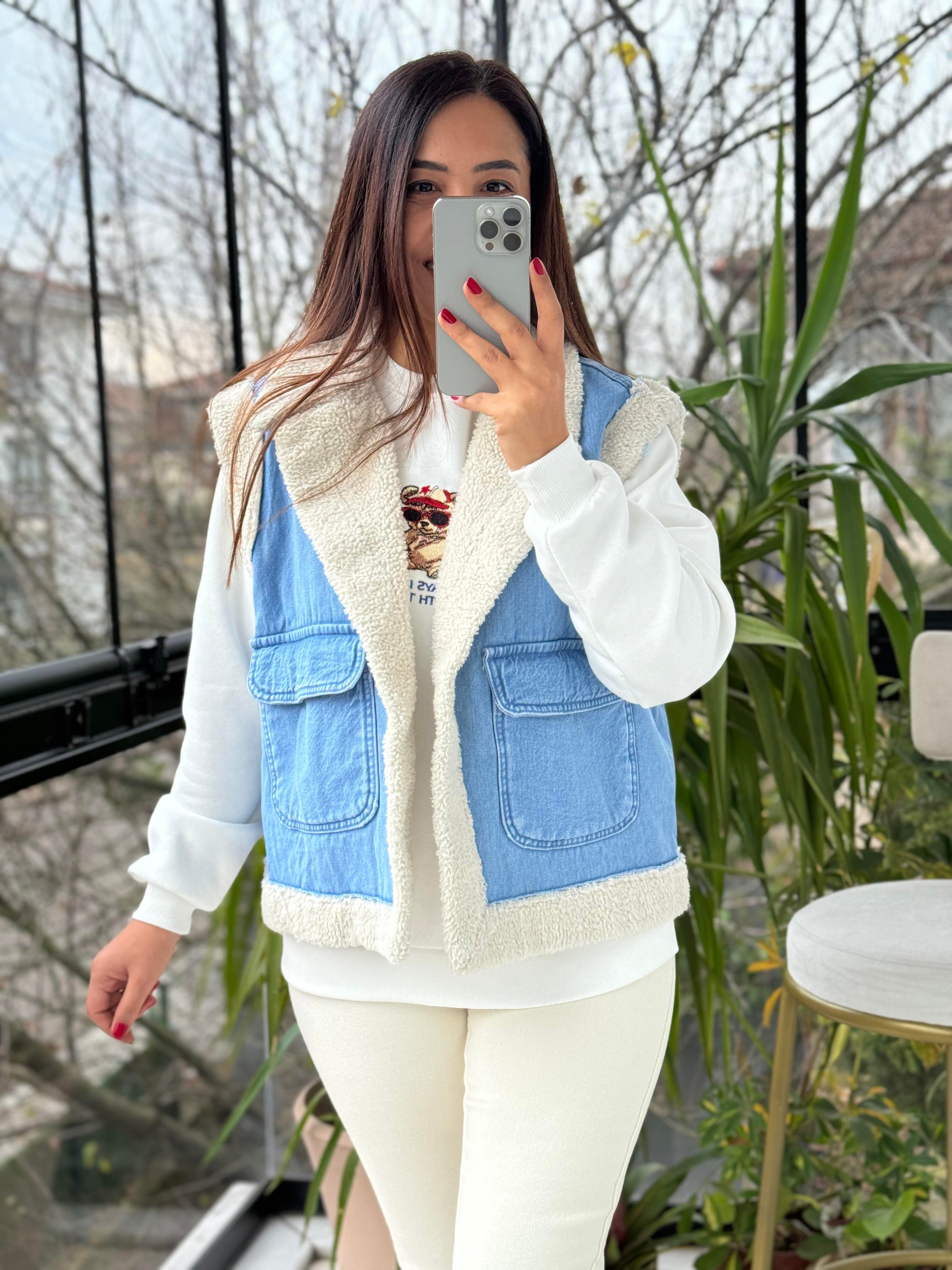 Denim Kürk Yelek Mavi