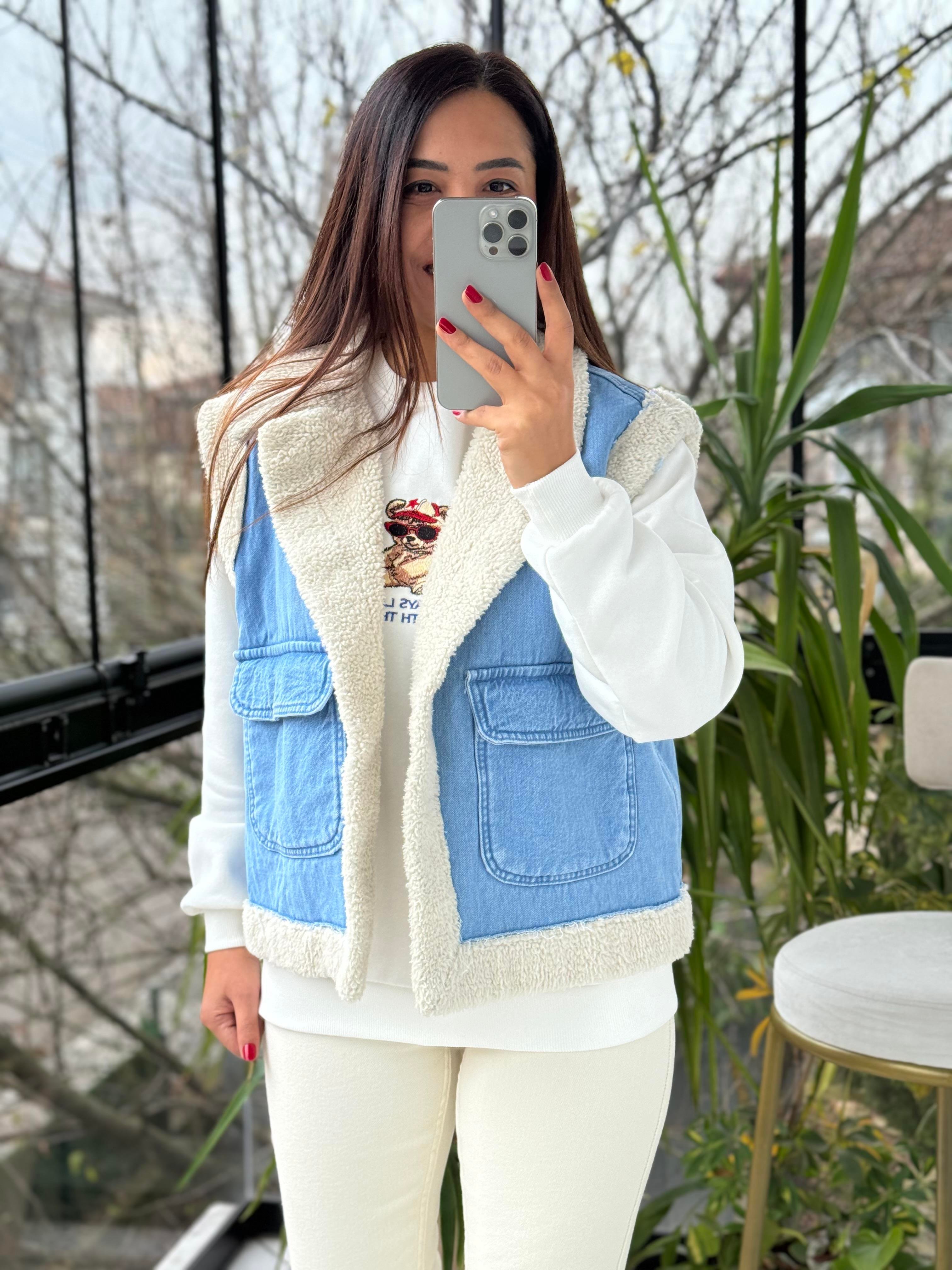 Denim Kürk Yelek Mavi