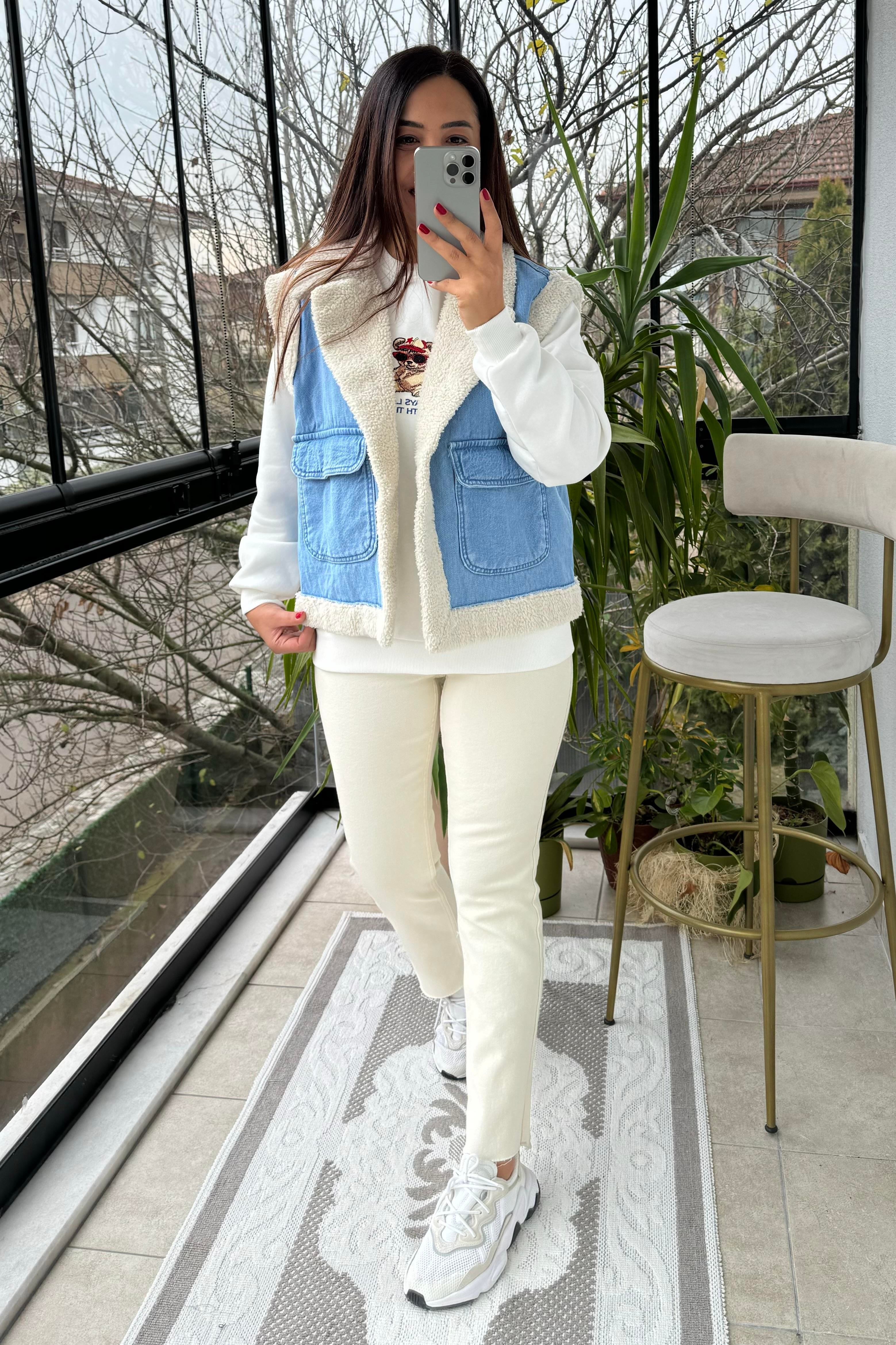 Denim Kürk Yelek Mavi