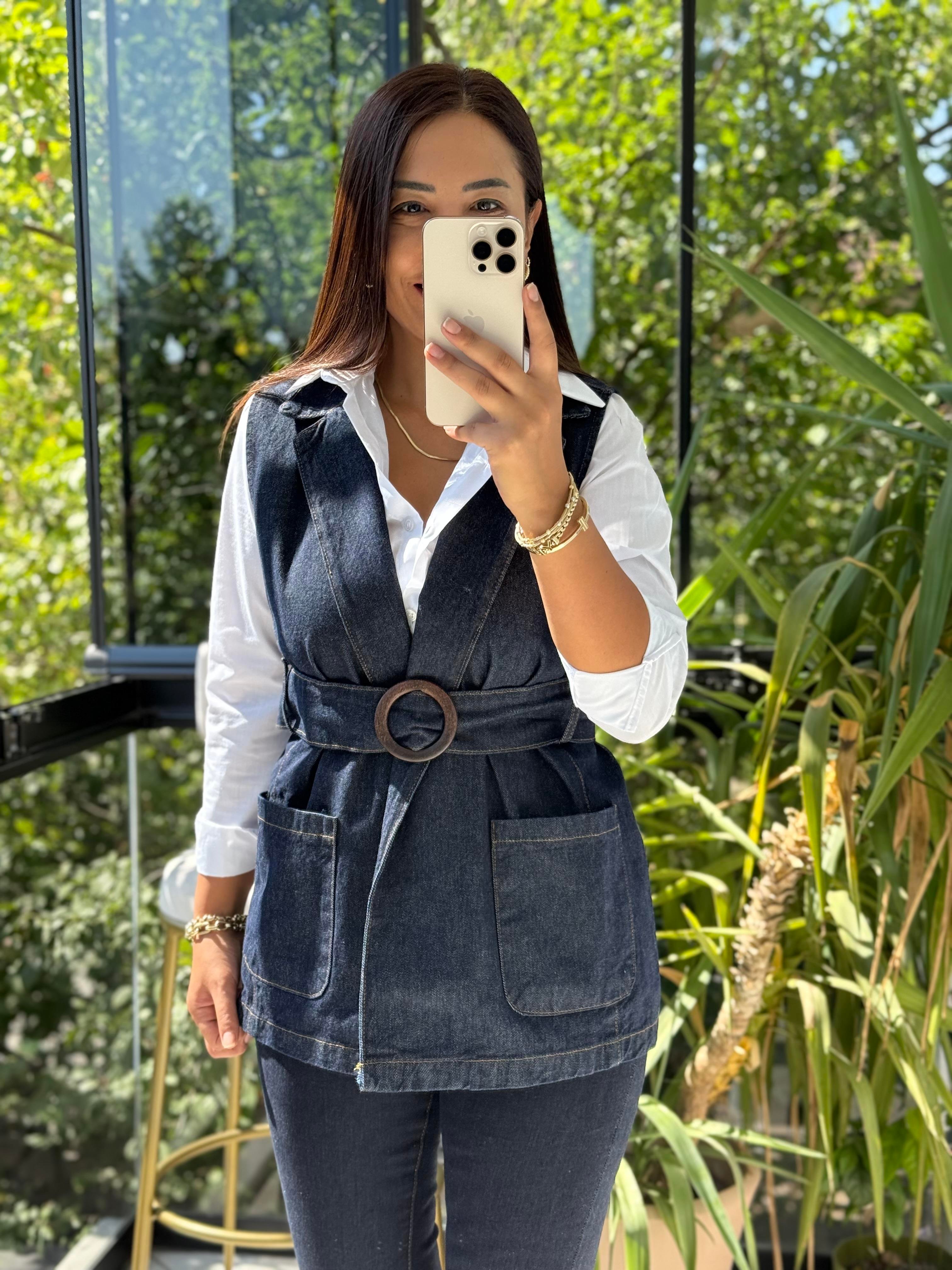 Denim Kuşaklı Yelek Lacivert