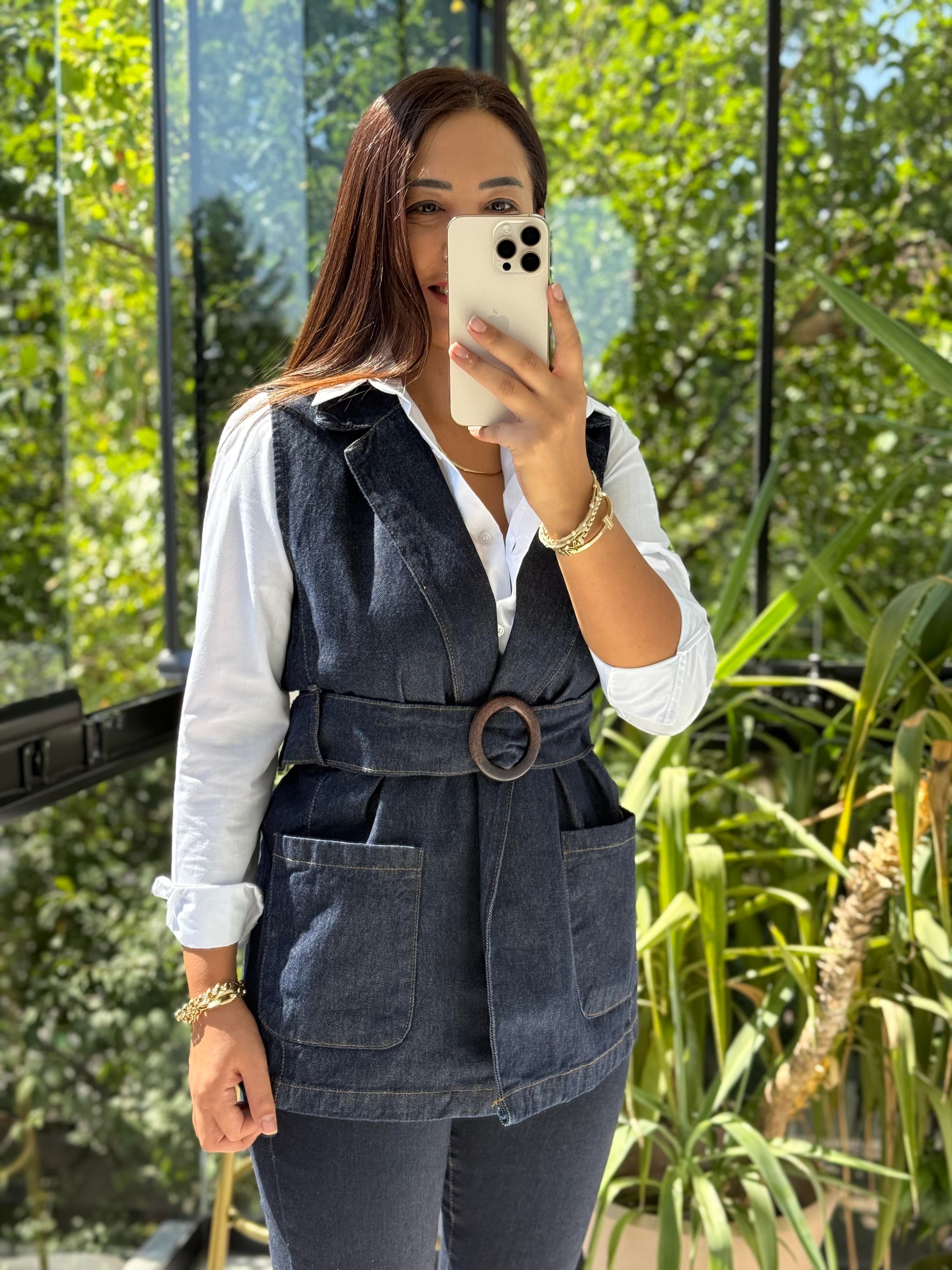 Denim Kuşaklı Yelek Lacivert