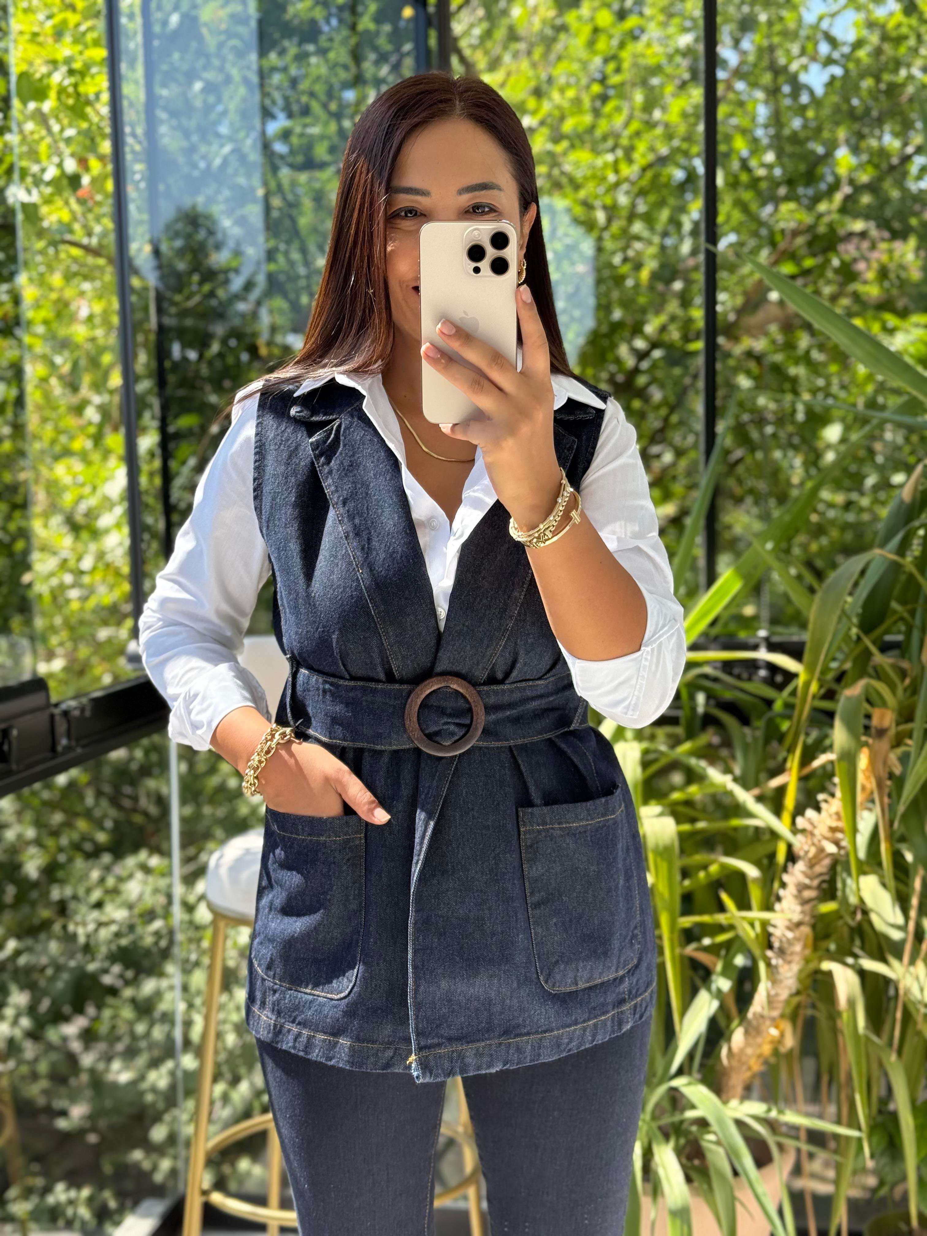 Denim Kuşaklı Yelek Lacivert