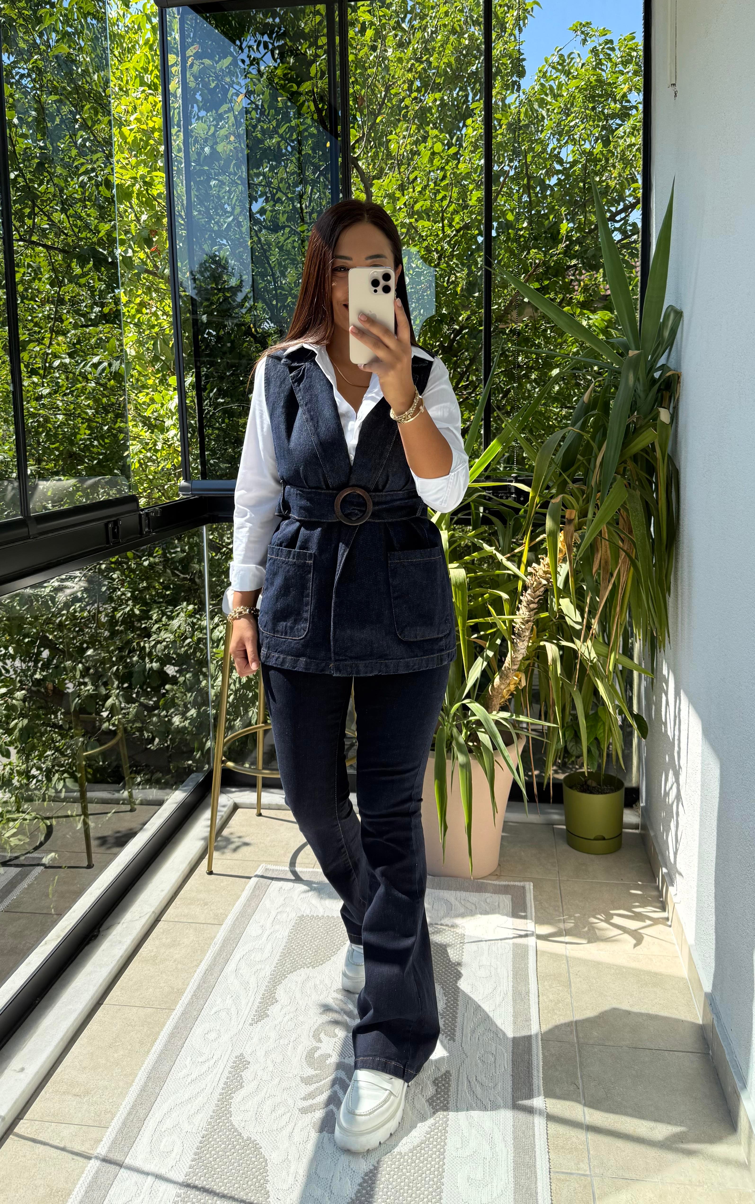 Denim Kuşaklı Yelek Lacivert