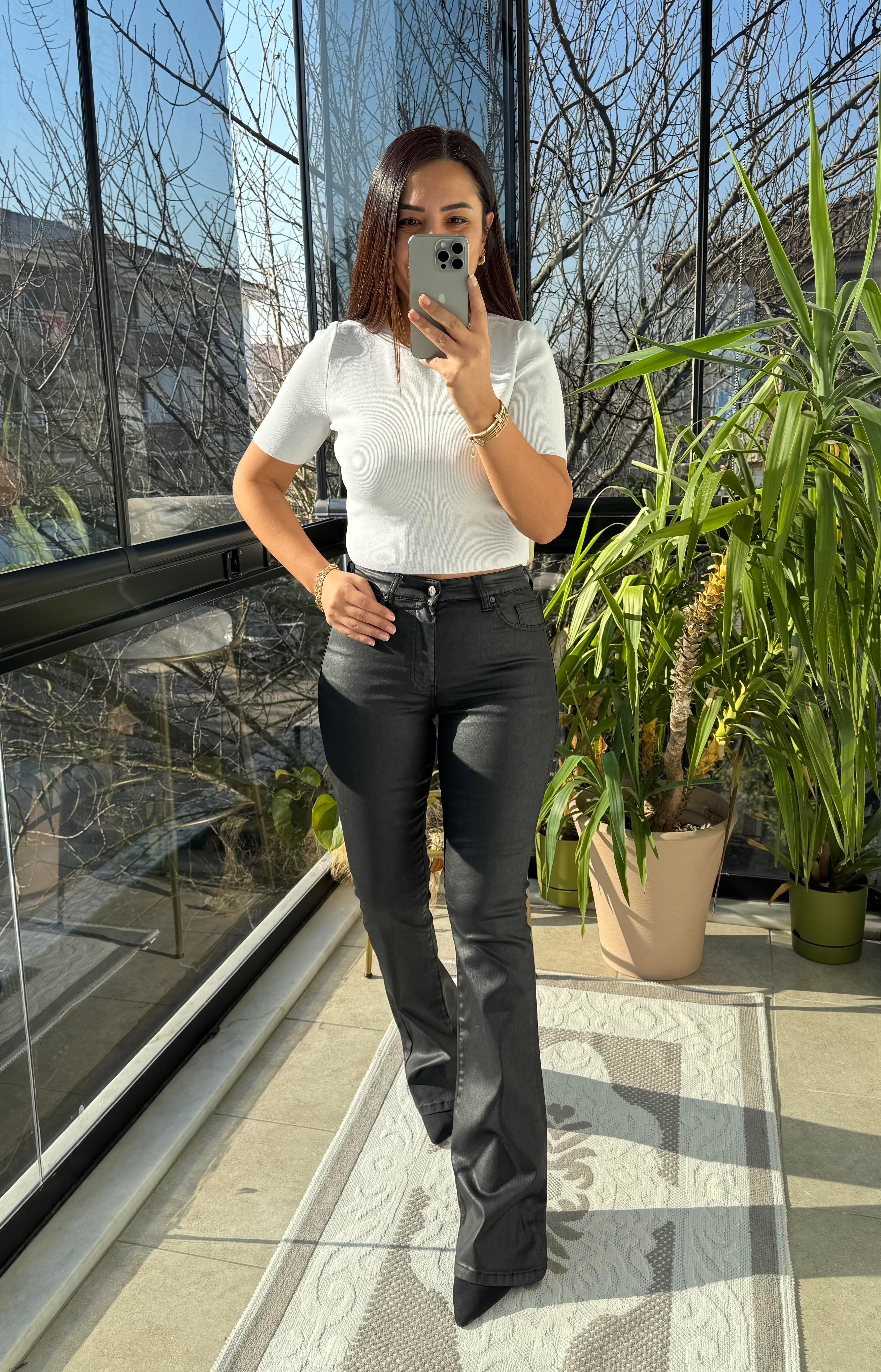 Deri Mum Kaplama İspanyol Jean Siyah