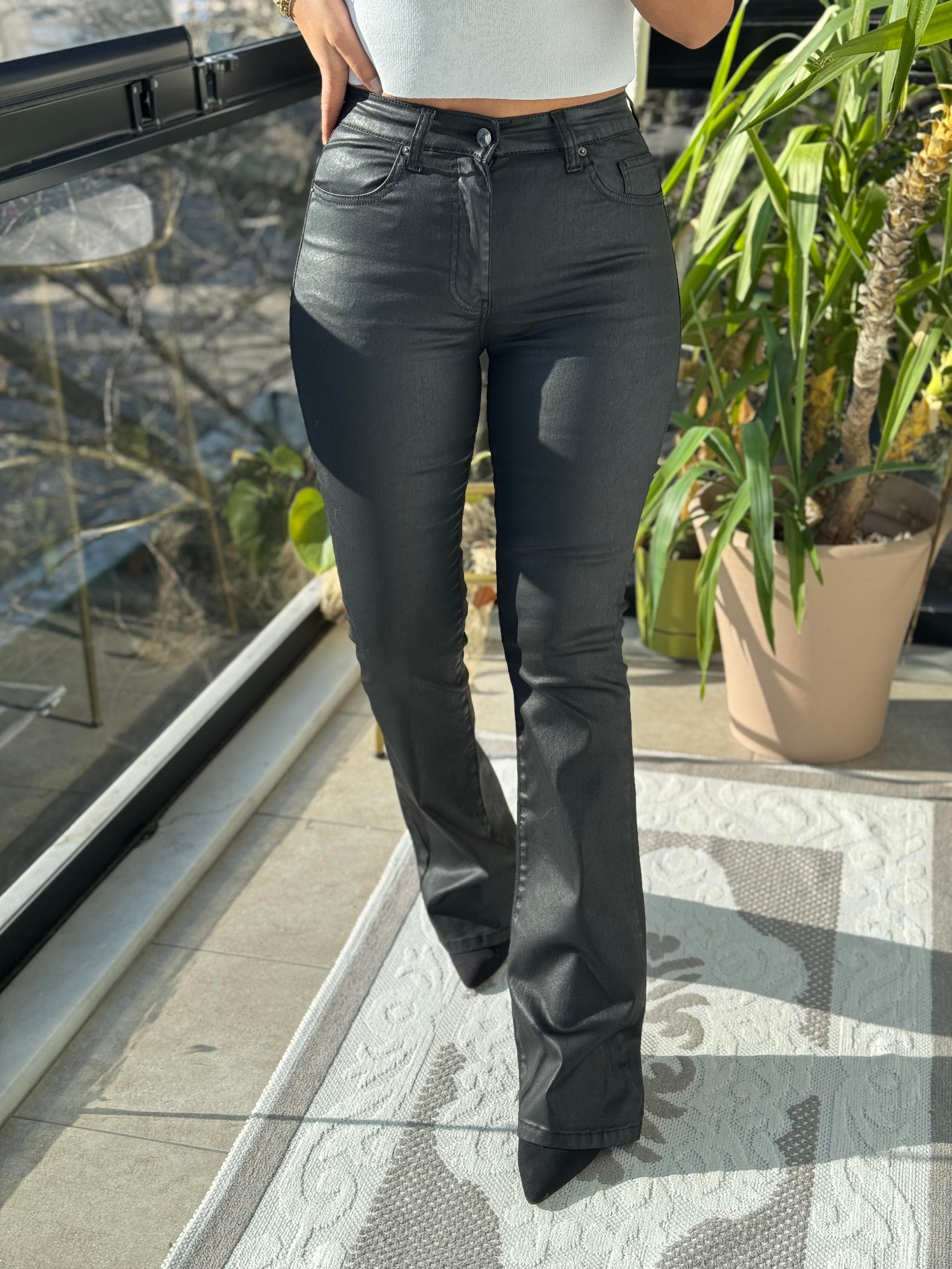 Deri Mum Kaplama İspanyol Jean Siyah