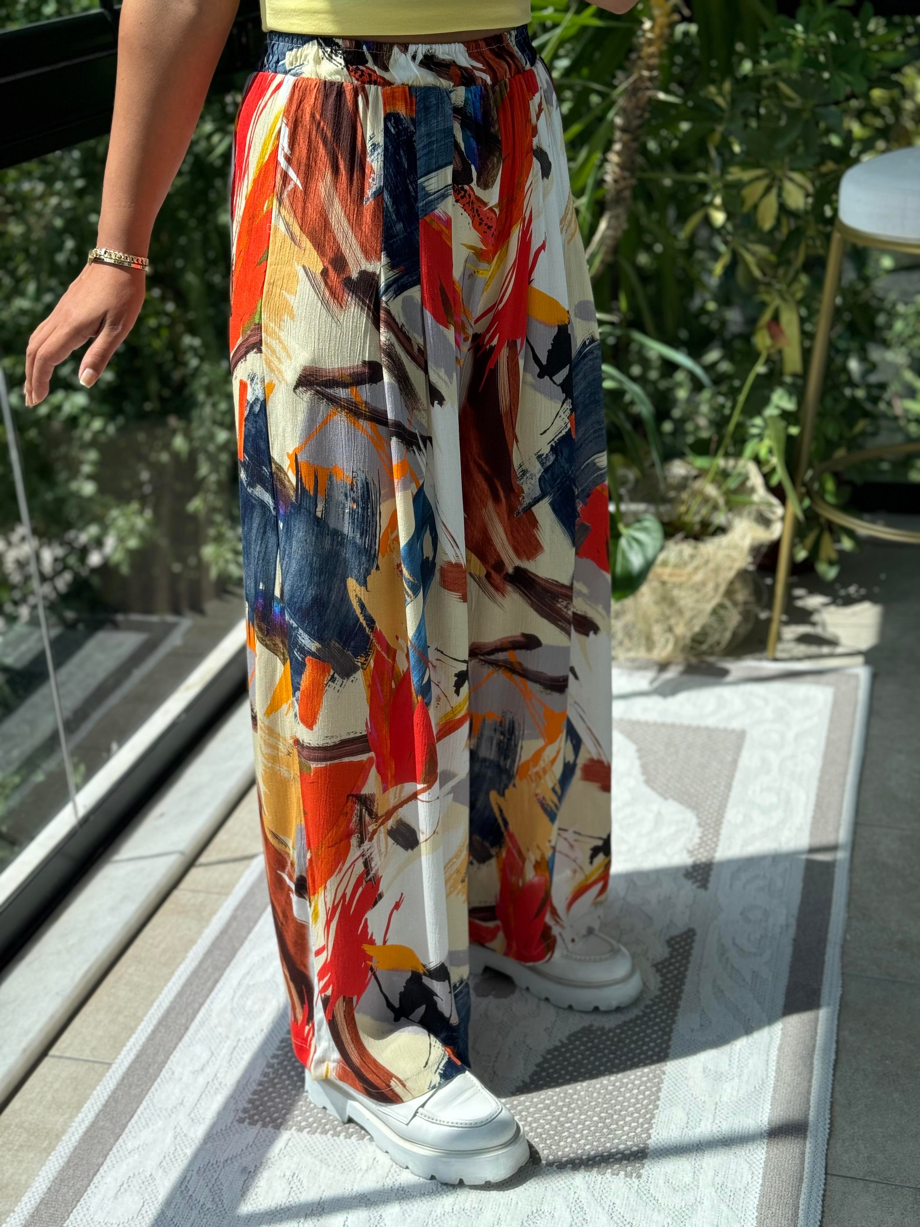 Desenli Bol Pileli Pantolon Oranj