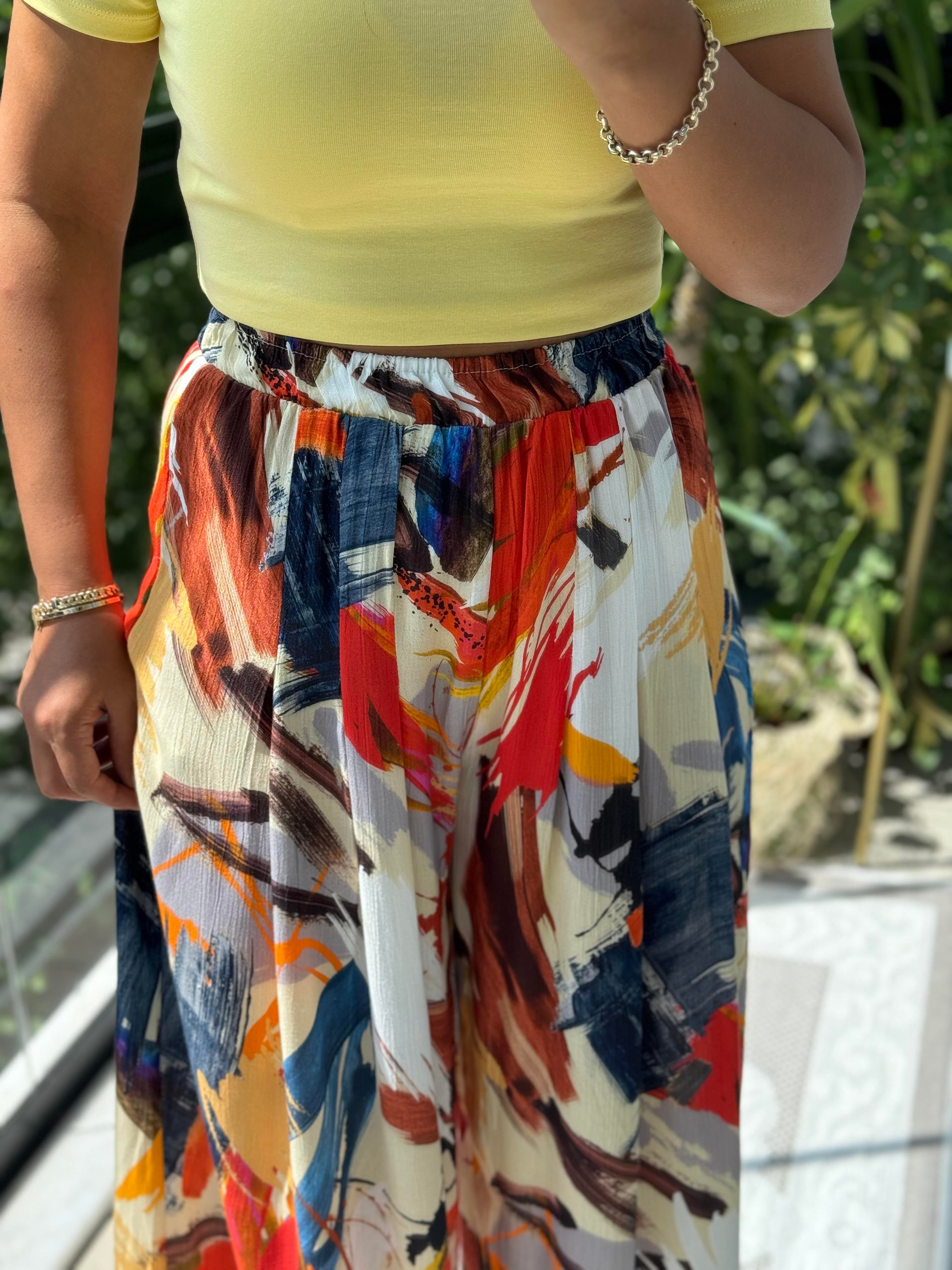 Desenli Bol Pileli Pantolon Oranj