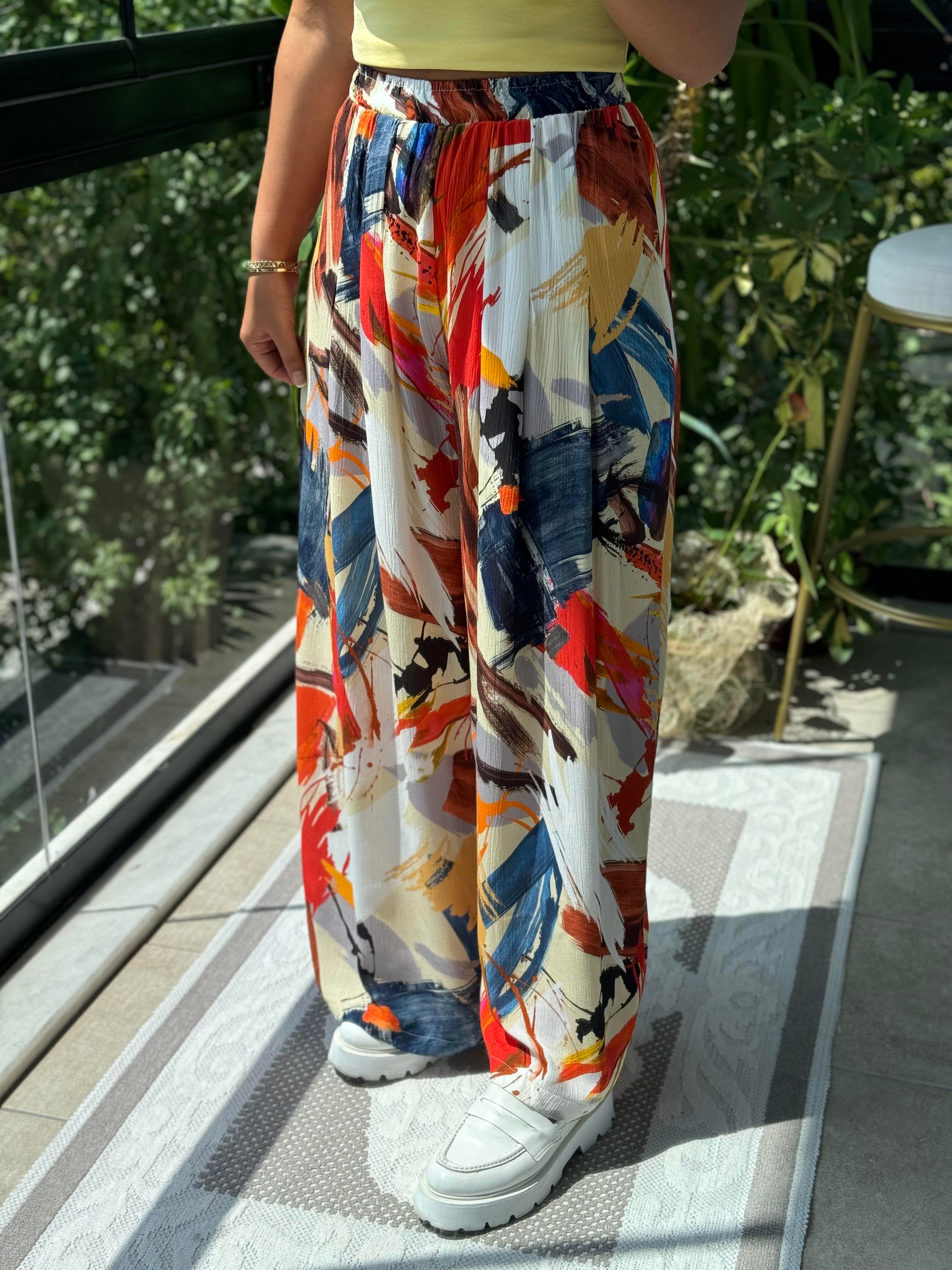 Desenli Bol Pileli Pantolon Oranj