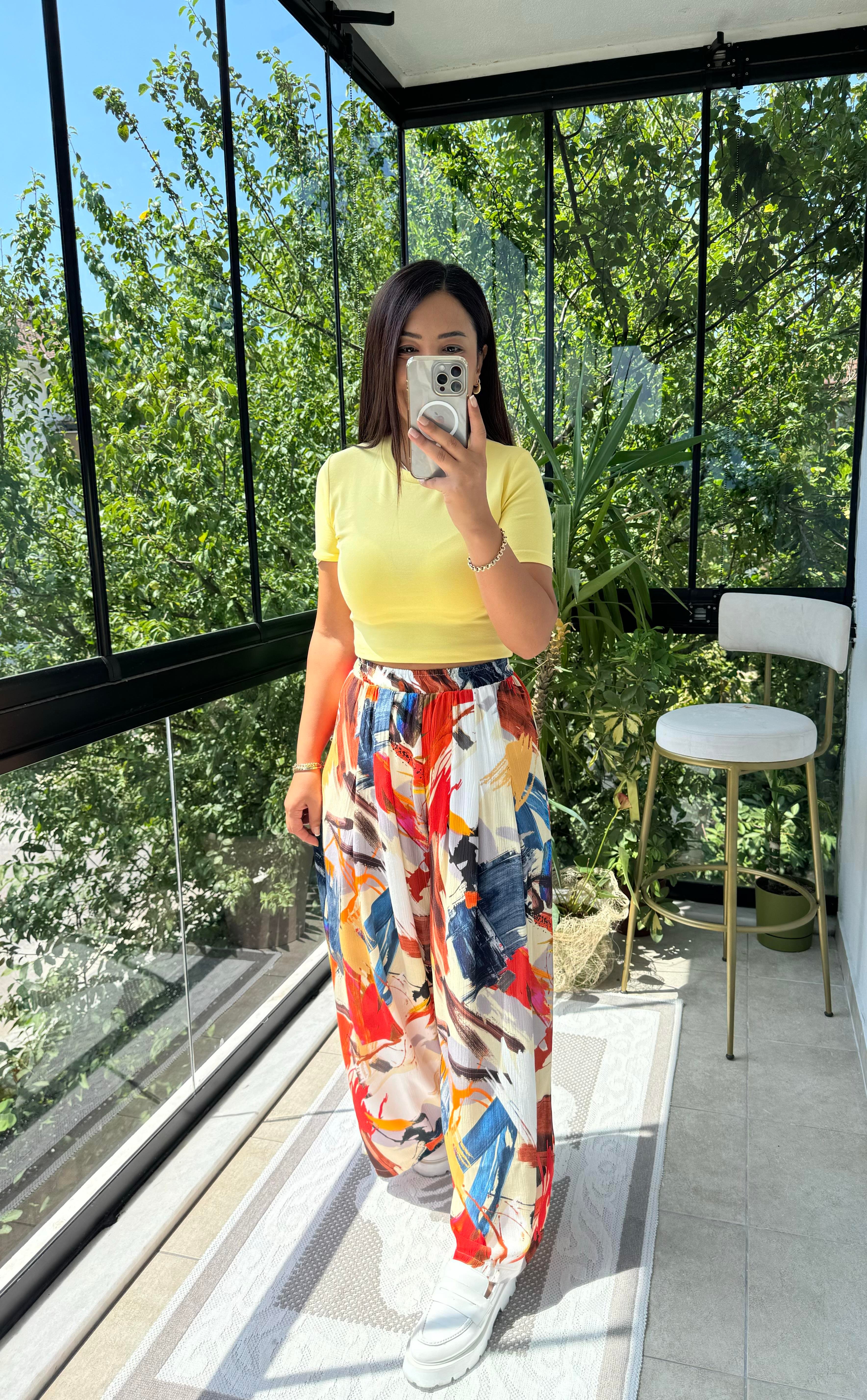 Desenli Bol Pileli Pantolon Oranj