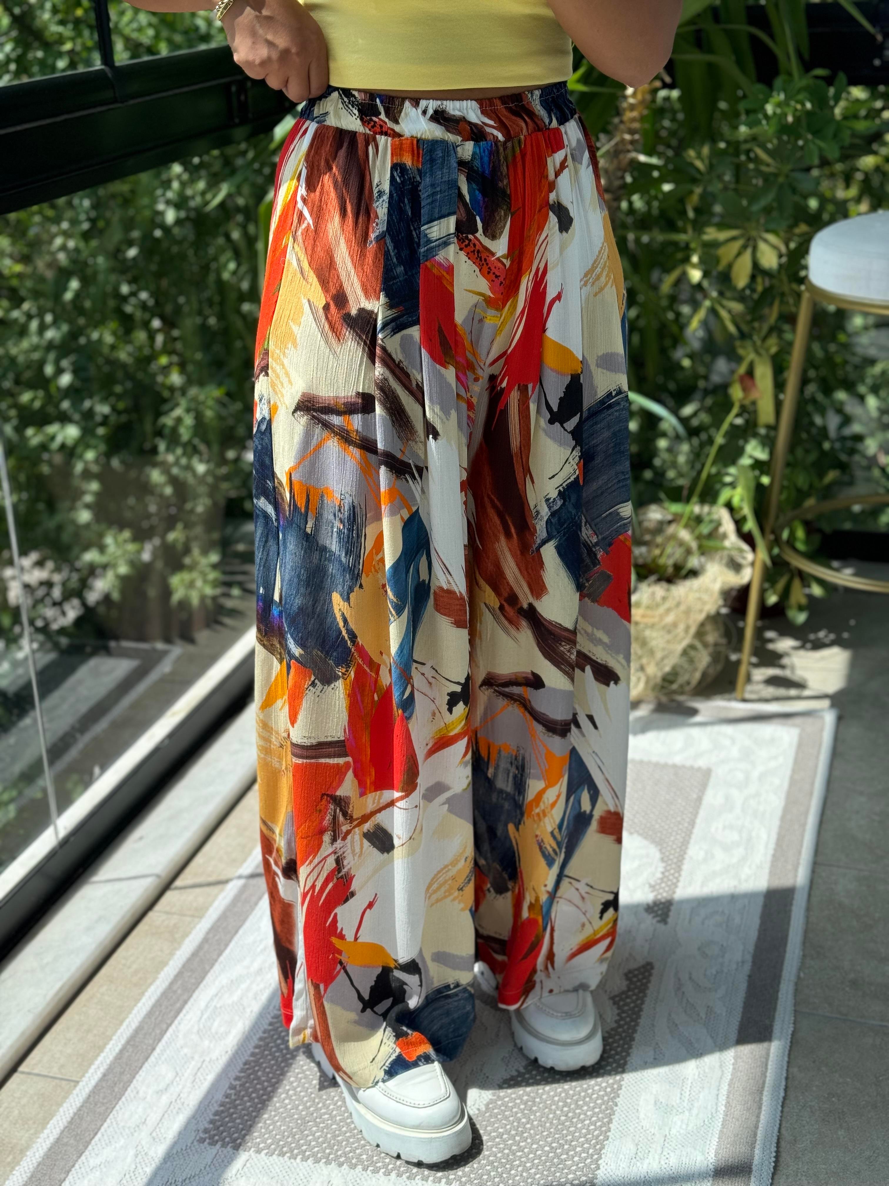 Desenli Bol Pileli Pantolon Oranj