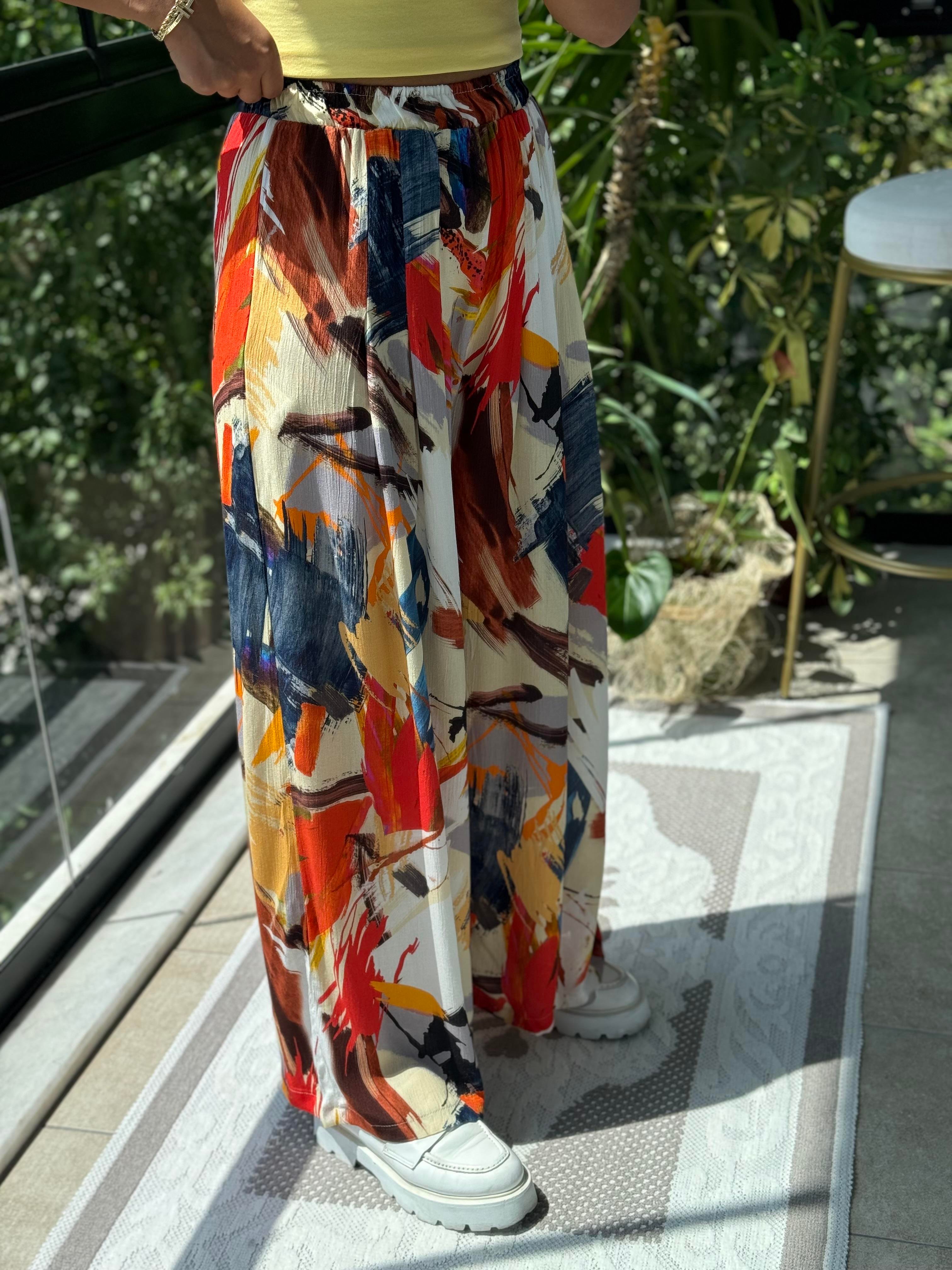 Desenli Bol Pileli Pantolon Oranj