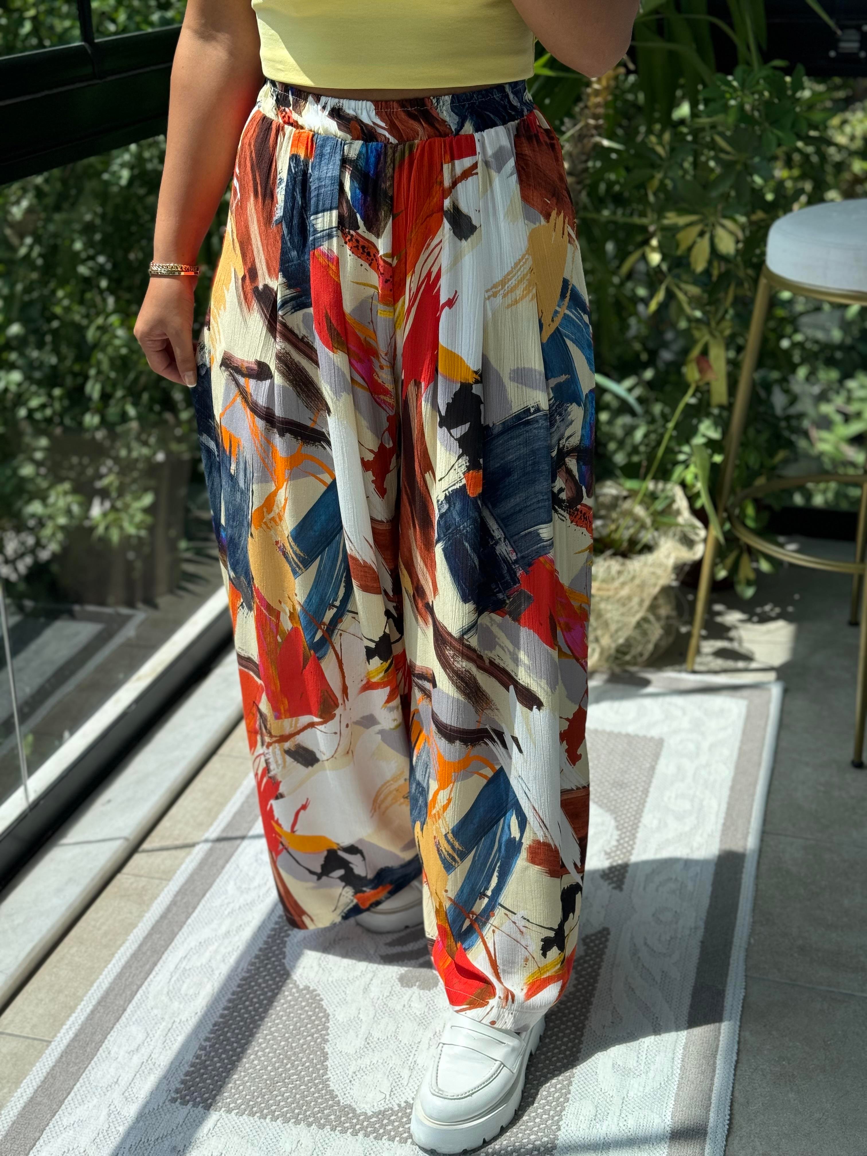 Desenli Bol Pileli Pantolon Oranj