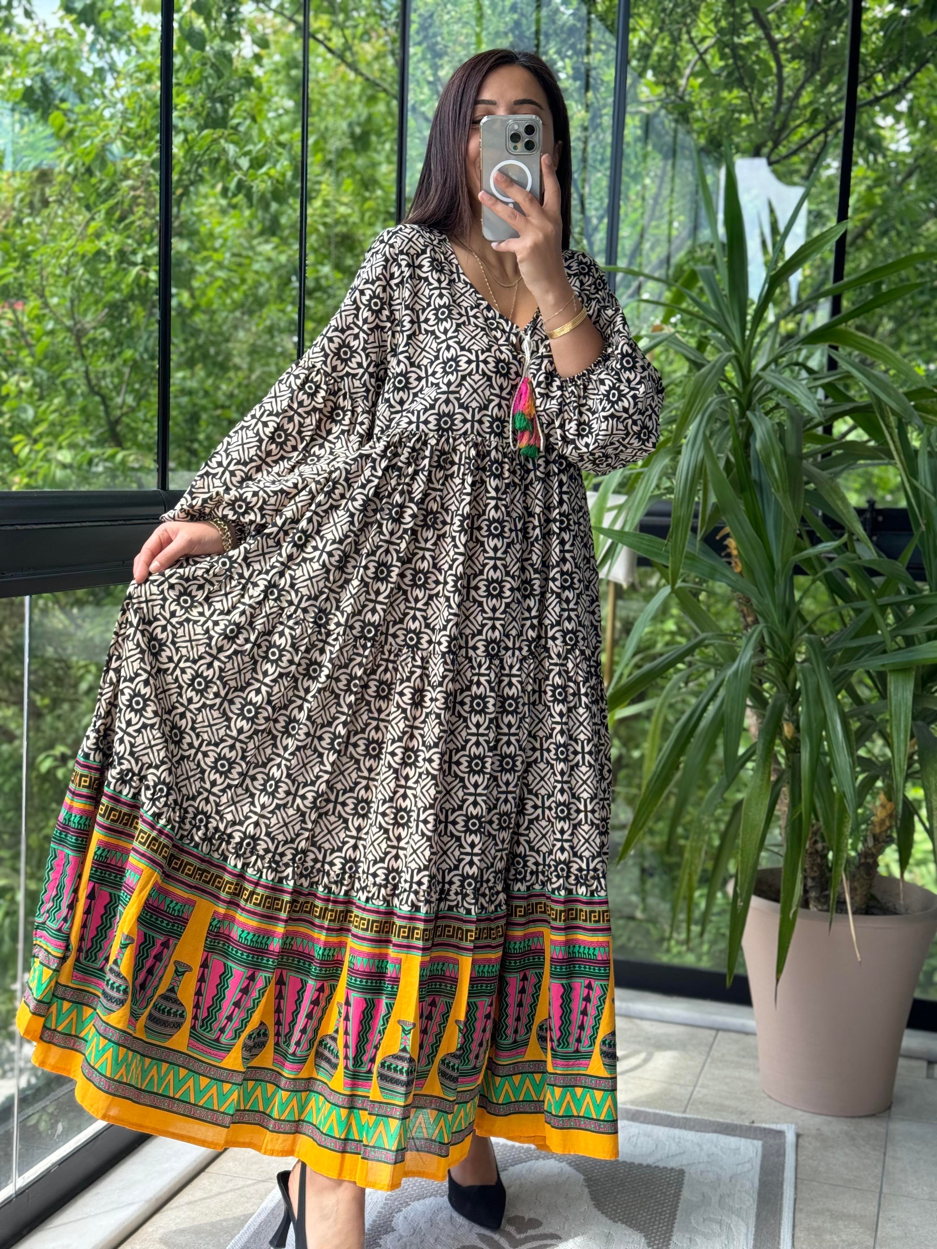 Desenli Pamuklu Elbise Siyah