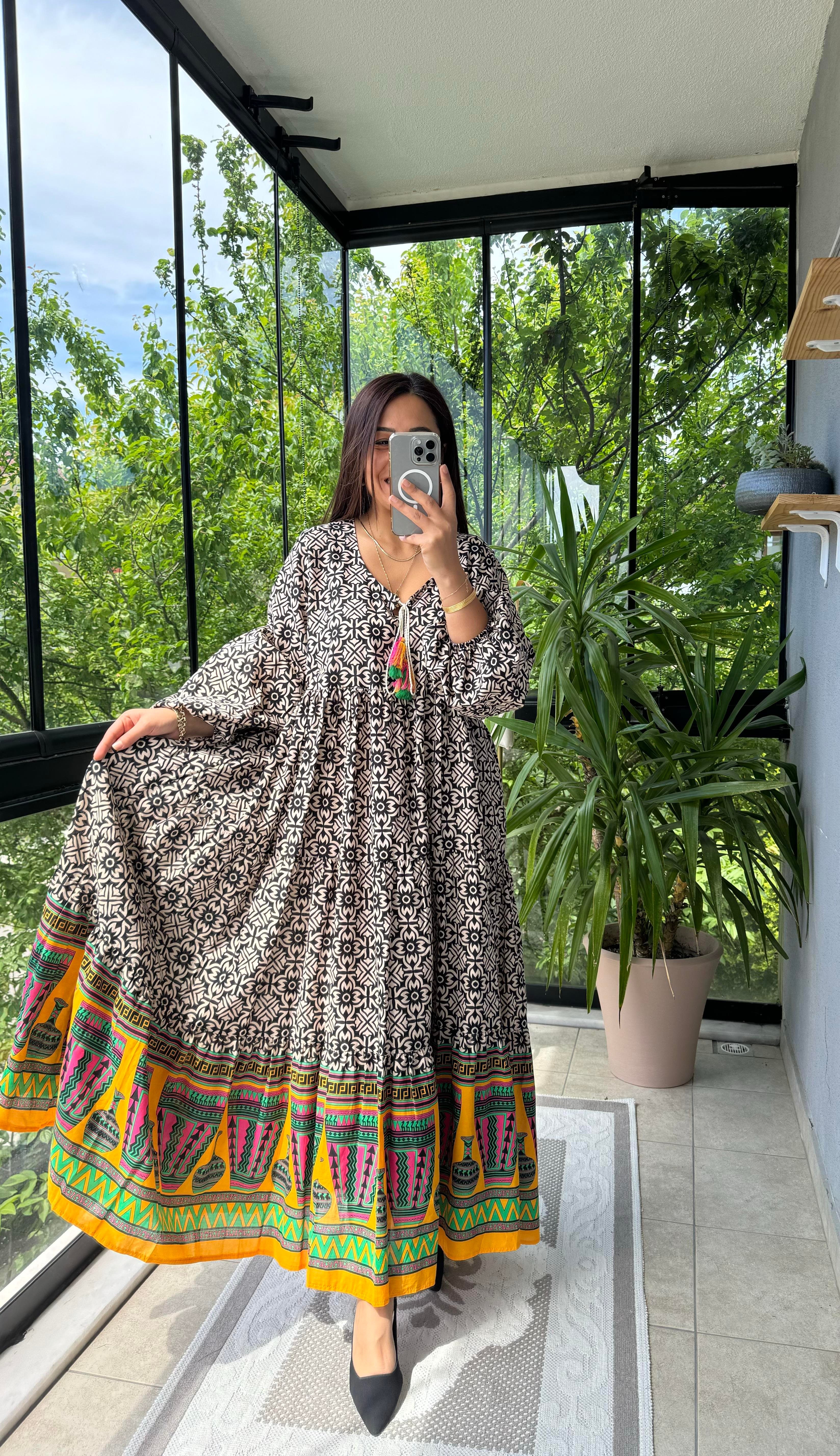 Desenli Pamuklu Elbise Siyah