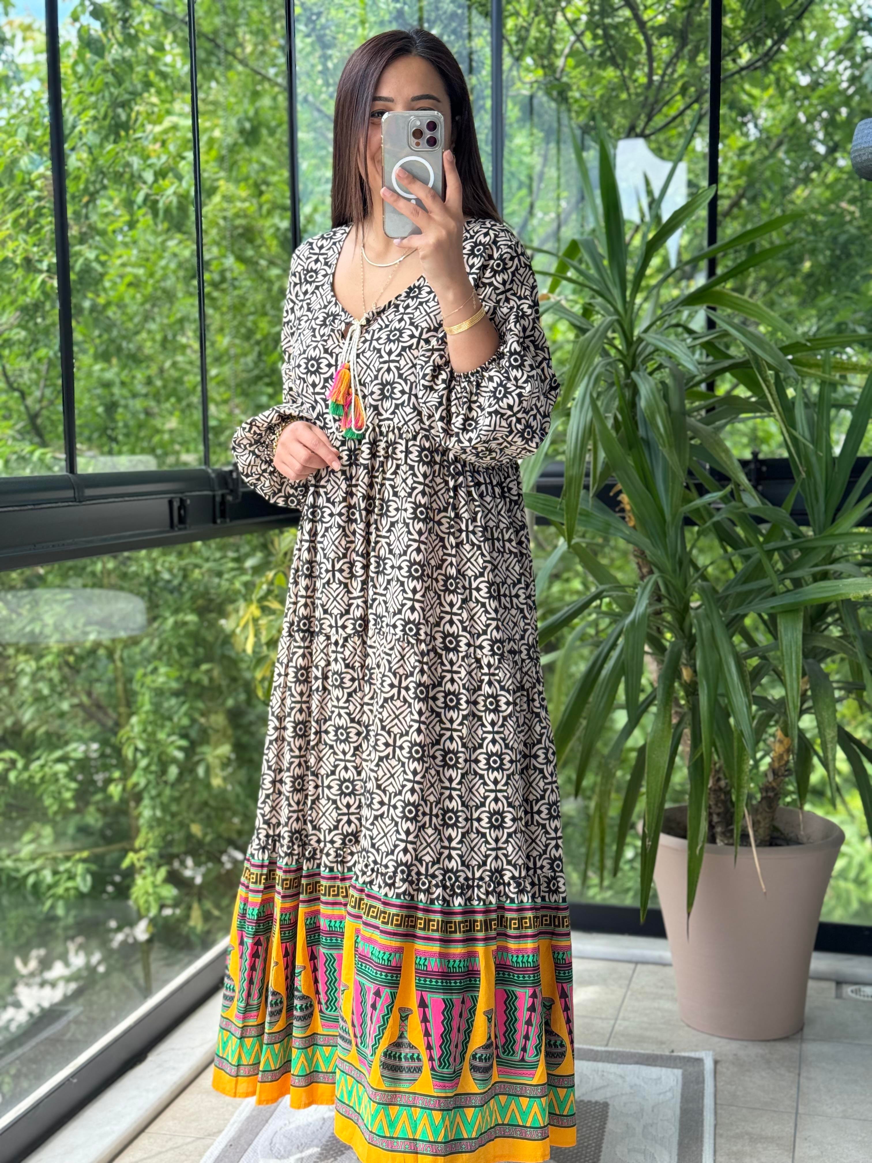 Desenli Pamuklu Elbise Siyah