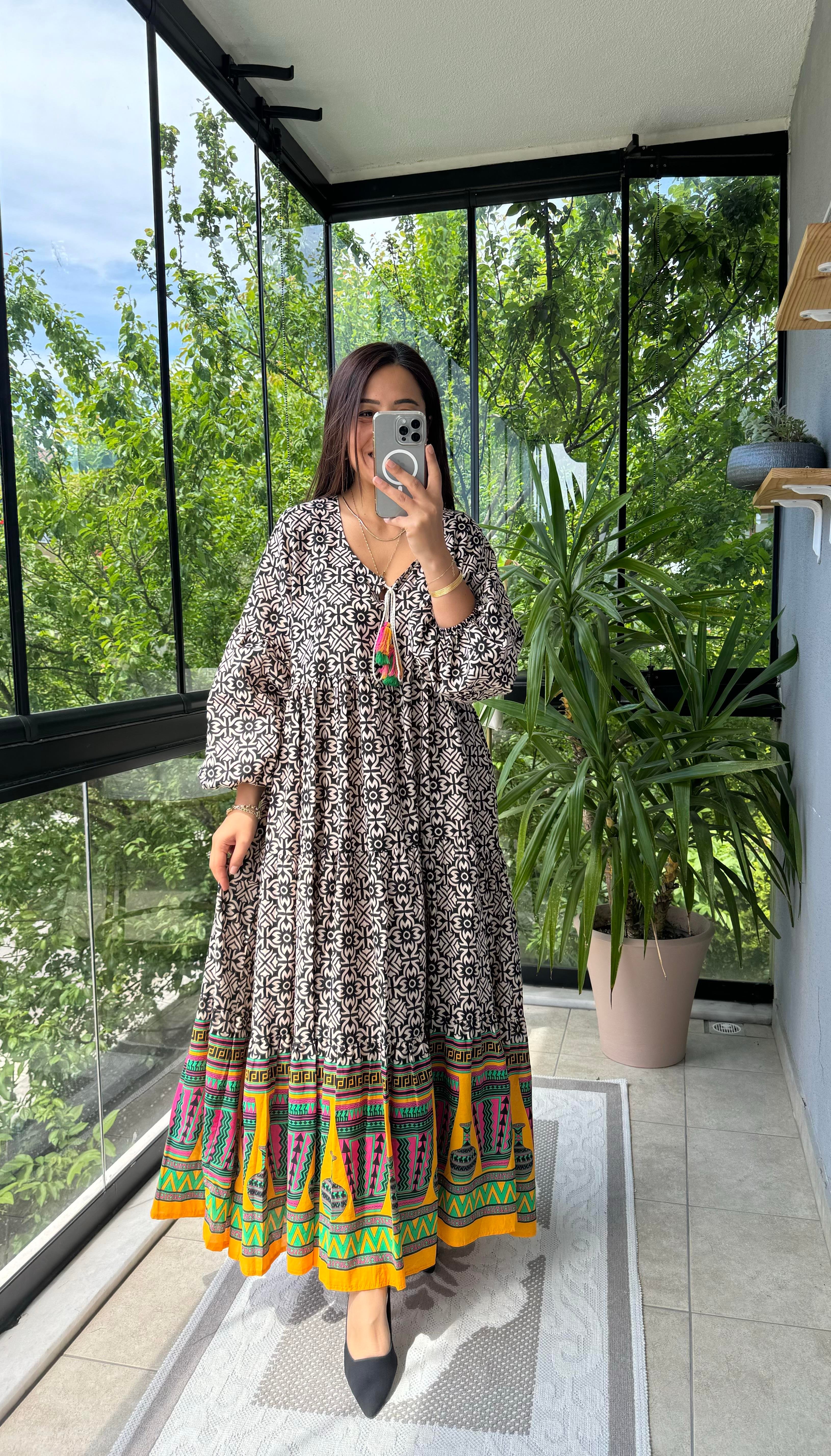 Desenli Pamuklu Elbise Siyah