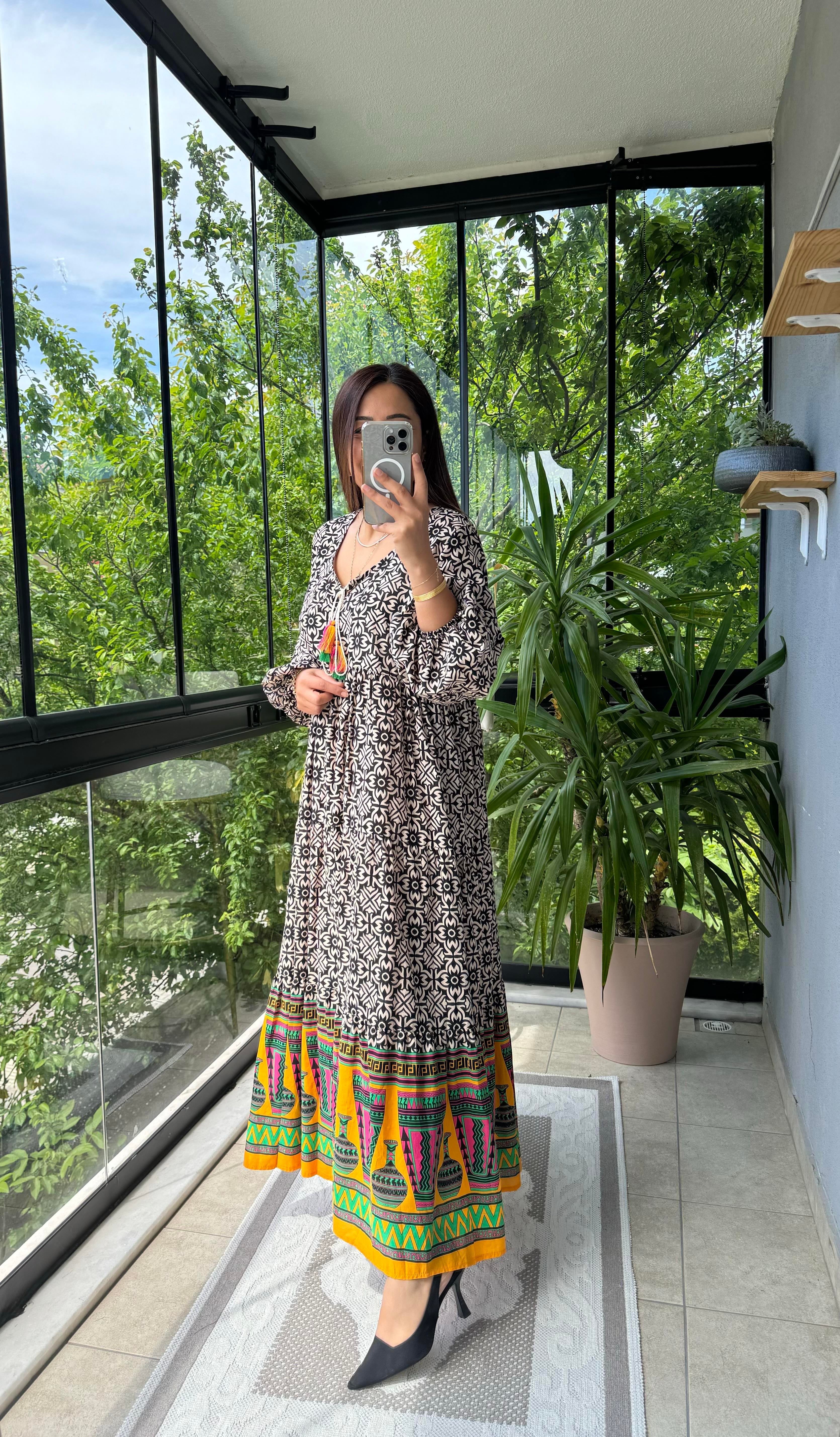 Desenli Pamuklu Elbise Siyah