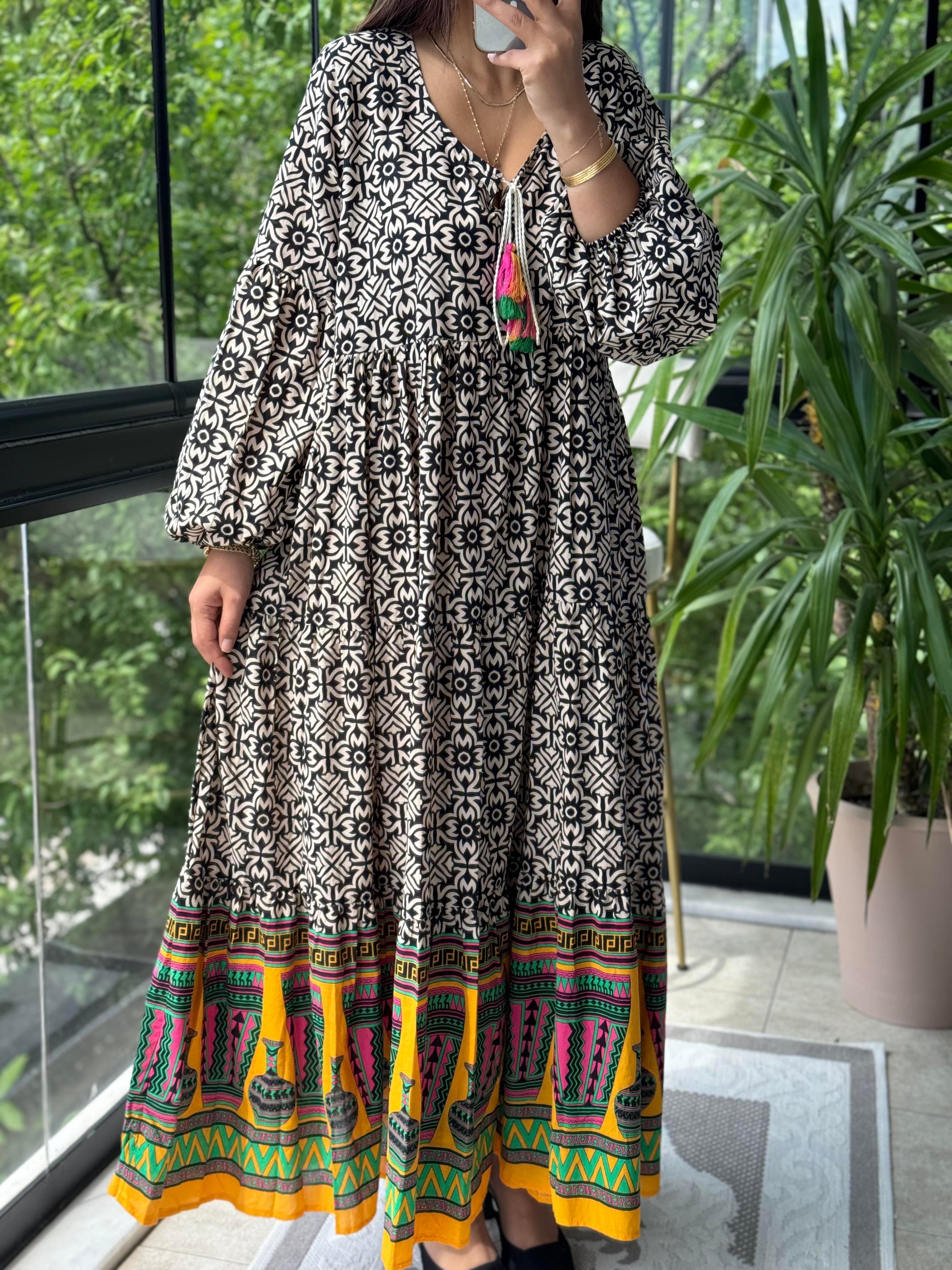 Desenli Pamuklu Elbise Siyah