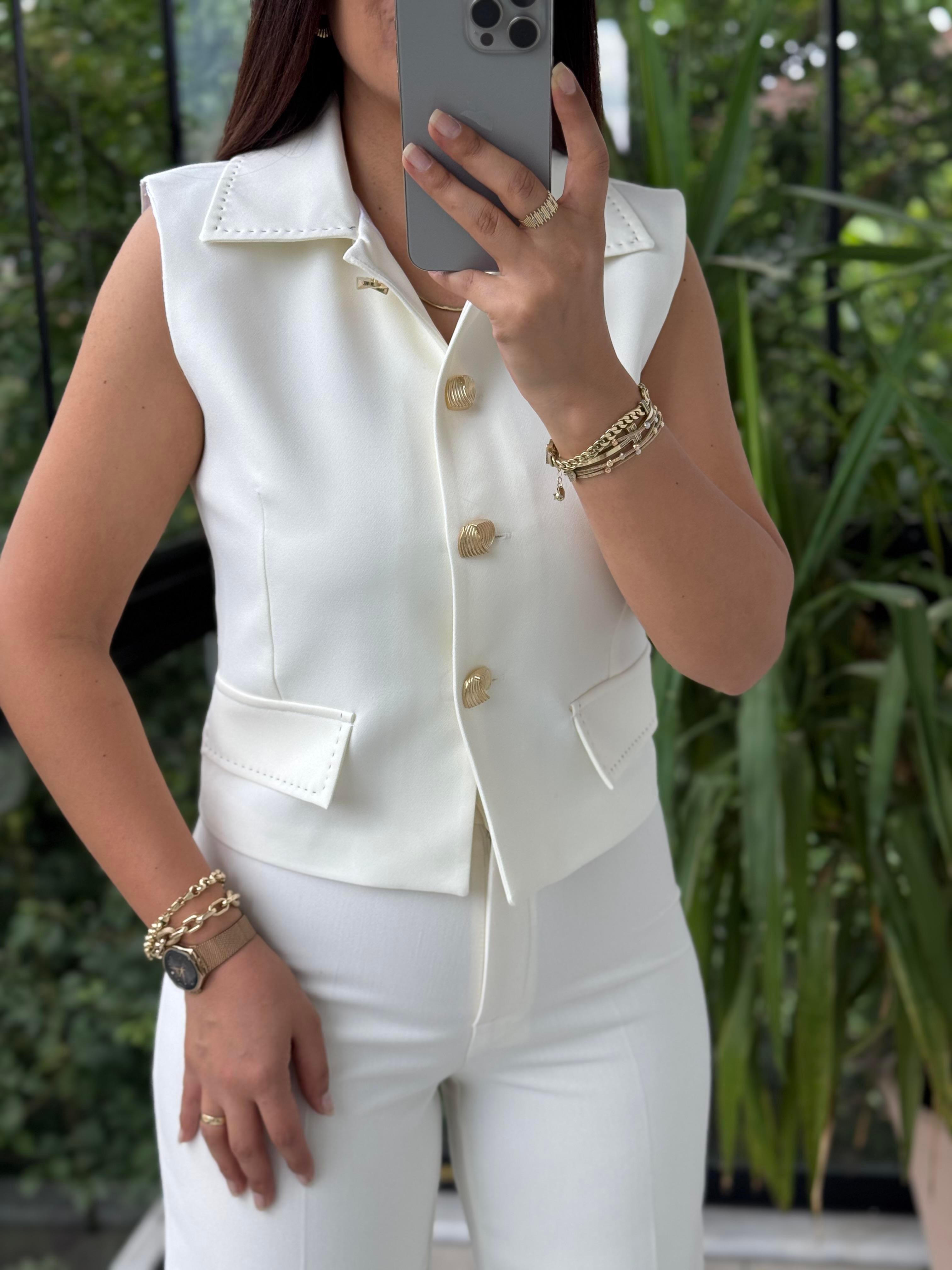 Dikiş Detaylı Yelek Beyaz