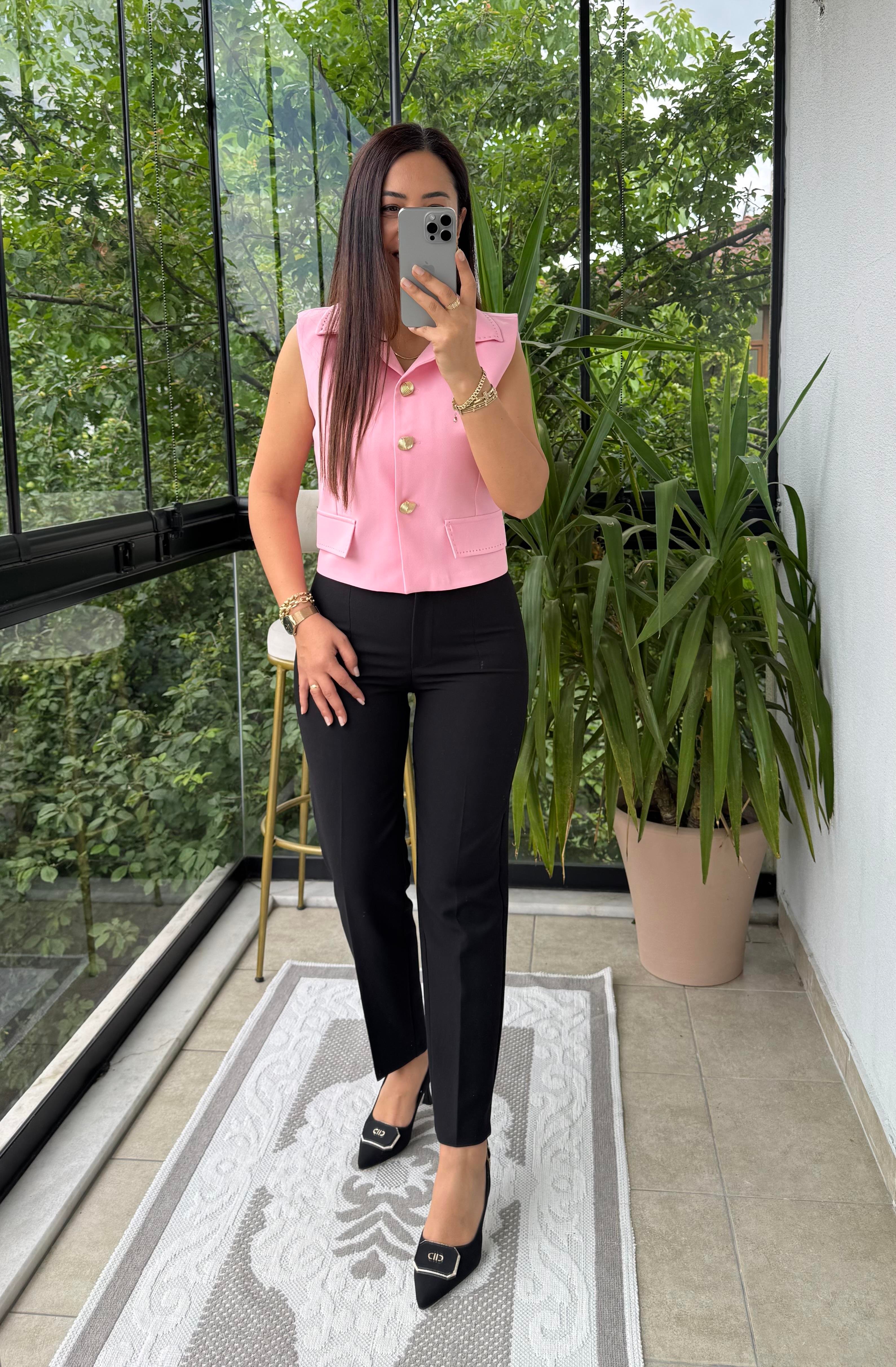 Dikiş Detaylı Yelek Pembe