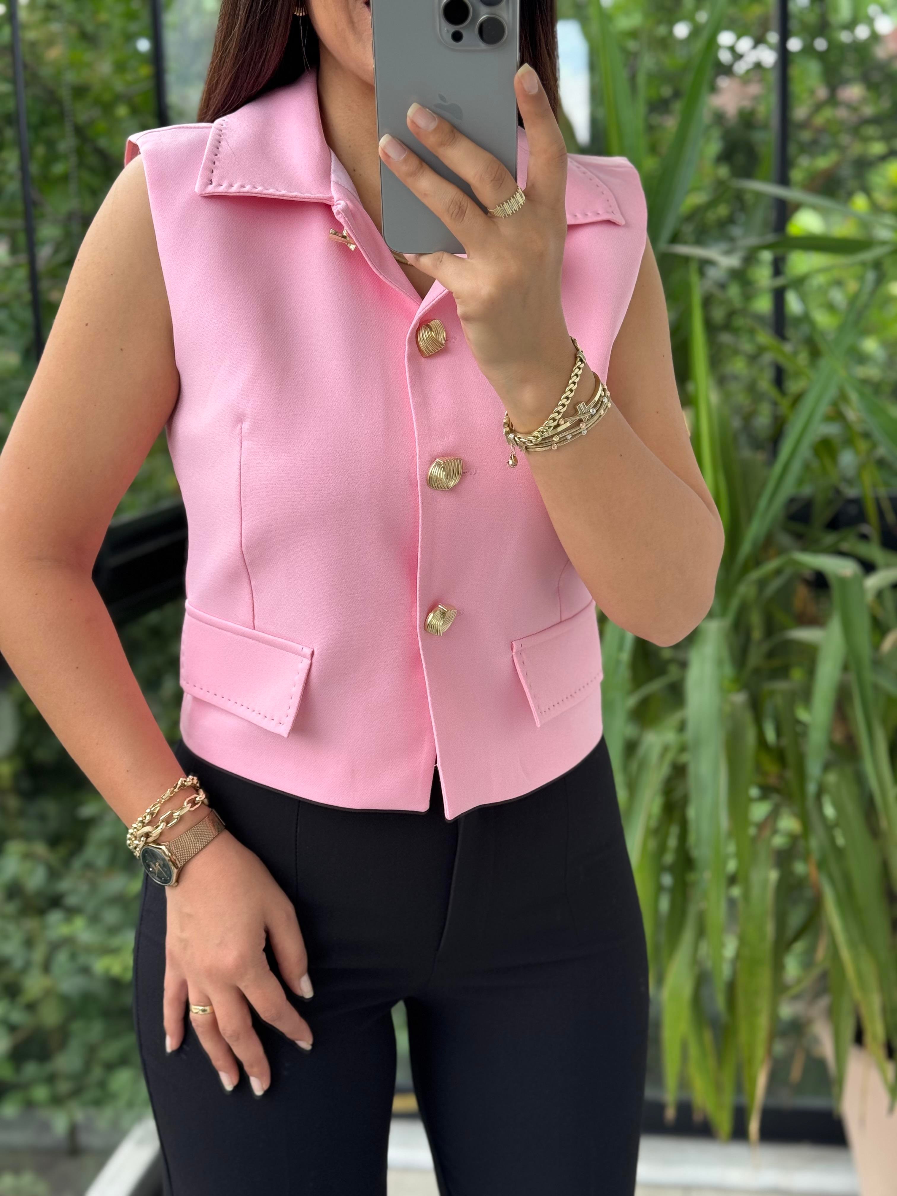 Dikiş Detaylı Yelek Pembe