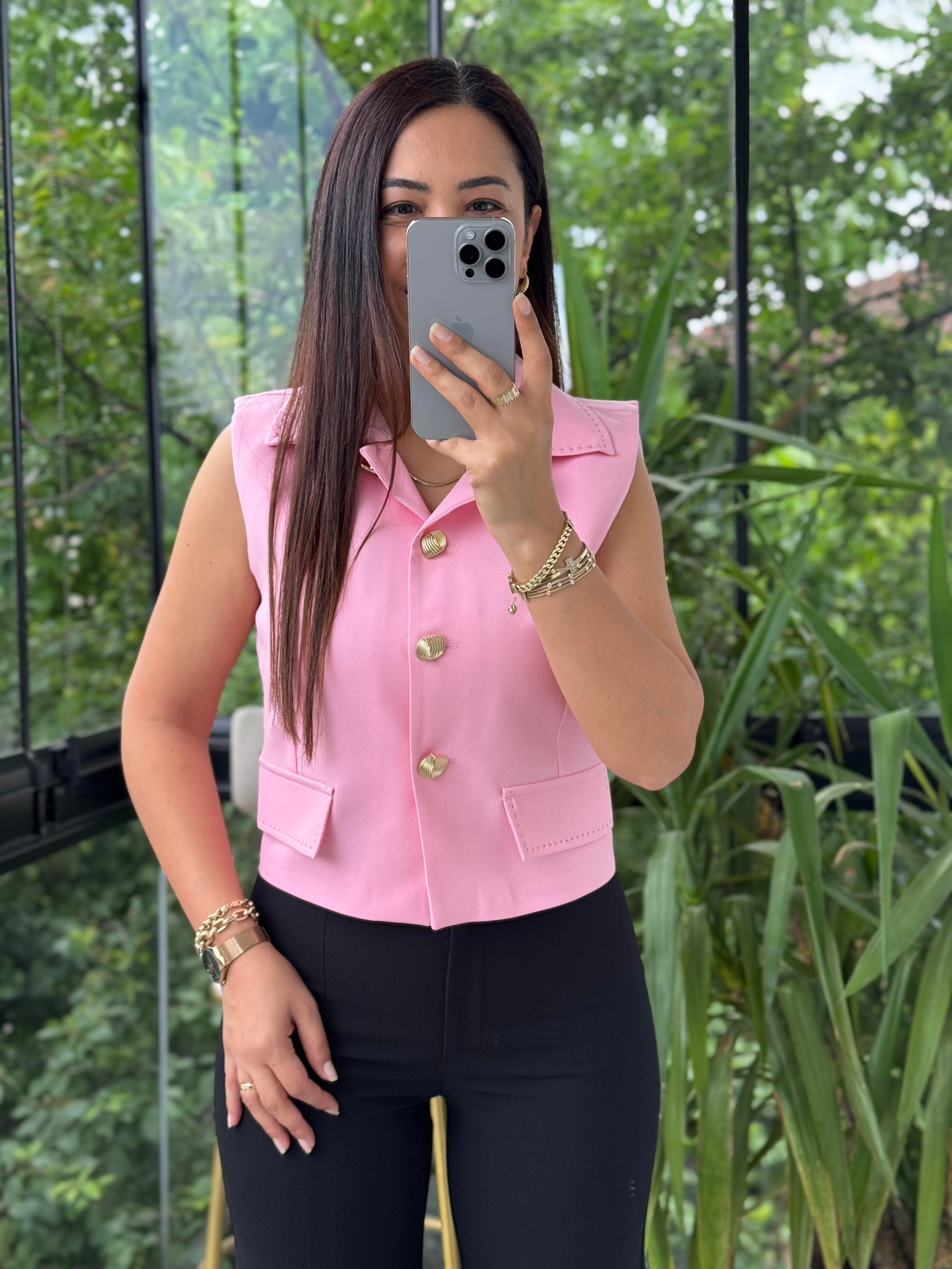 Dikiş Detaylı Yelek Pembe