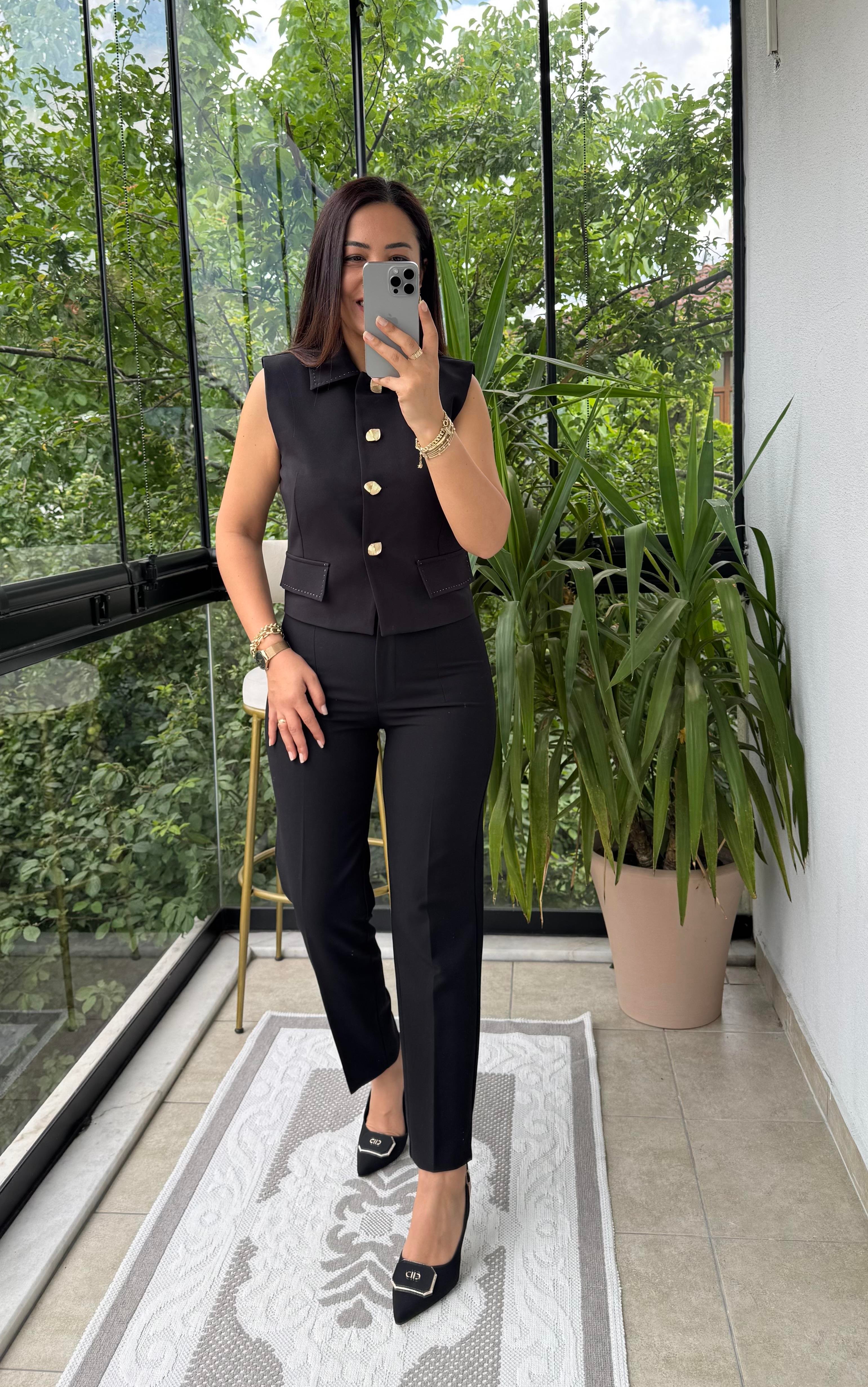 Dikiş Detaylı Yelek Siyah