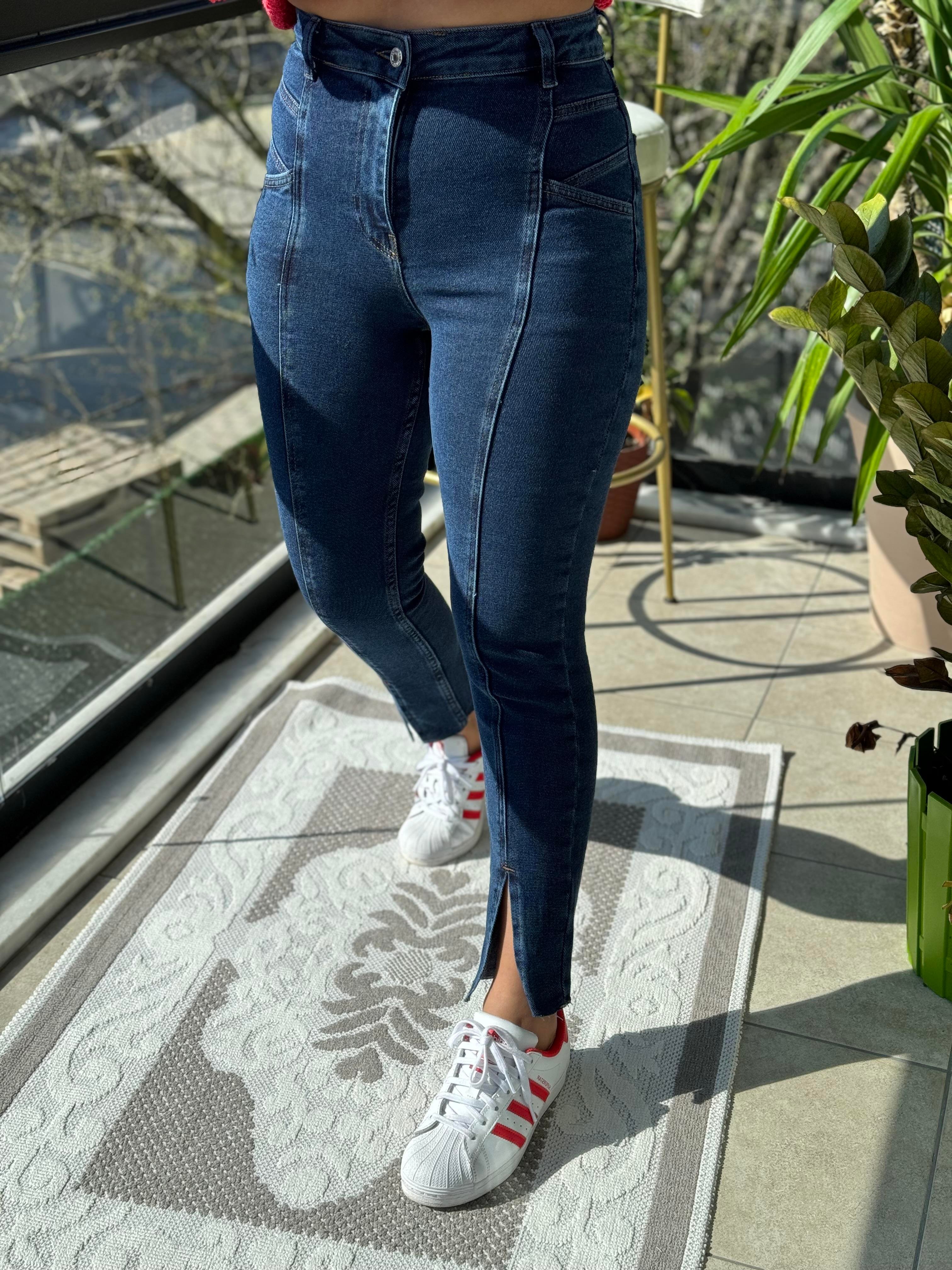 Dikişli Yırtmaçlı Jean Lacivert