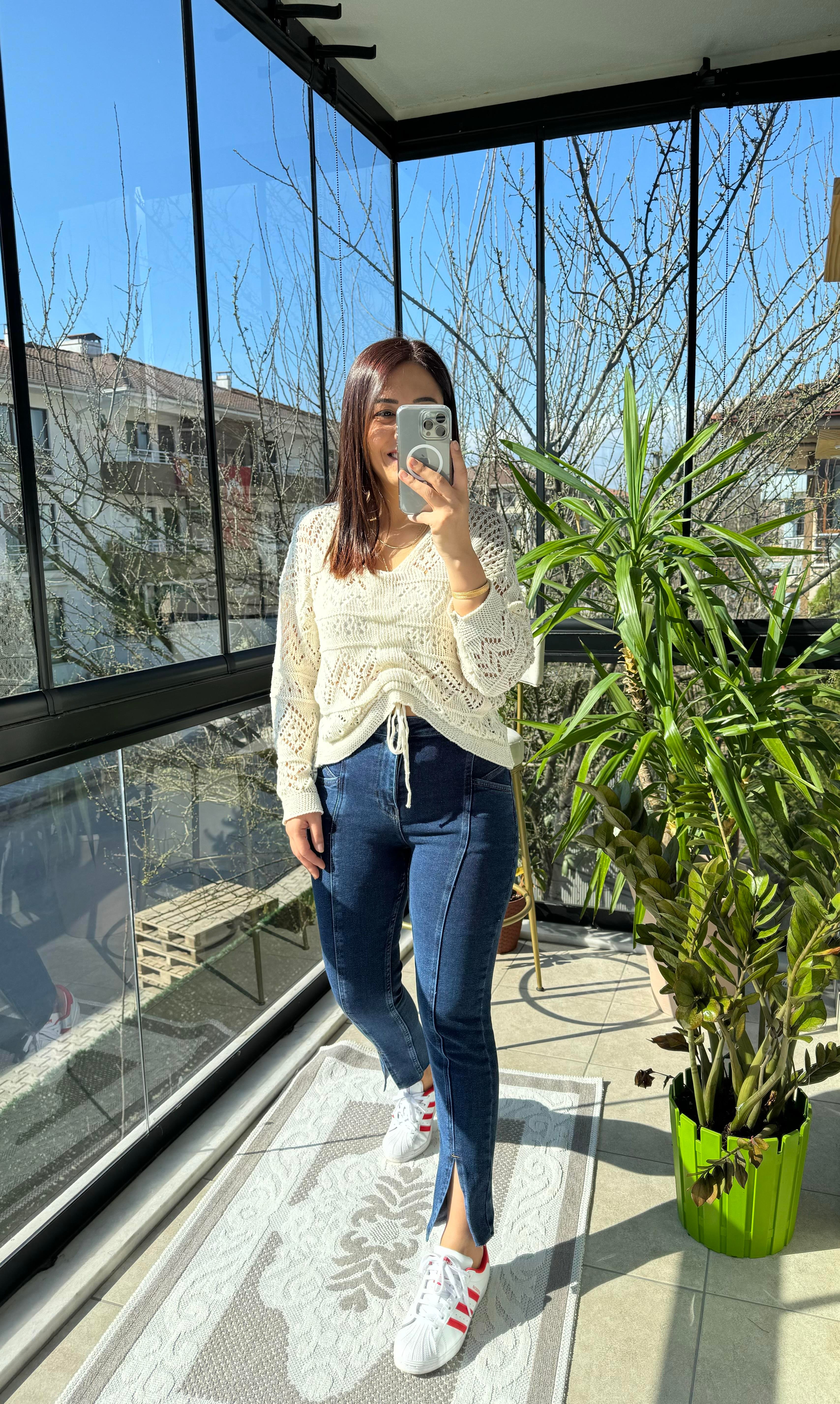 Dikişli Yırtmaçlı Jean Lacivert