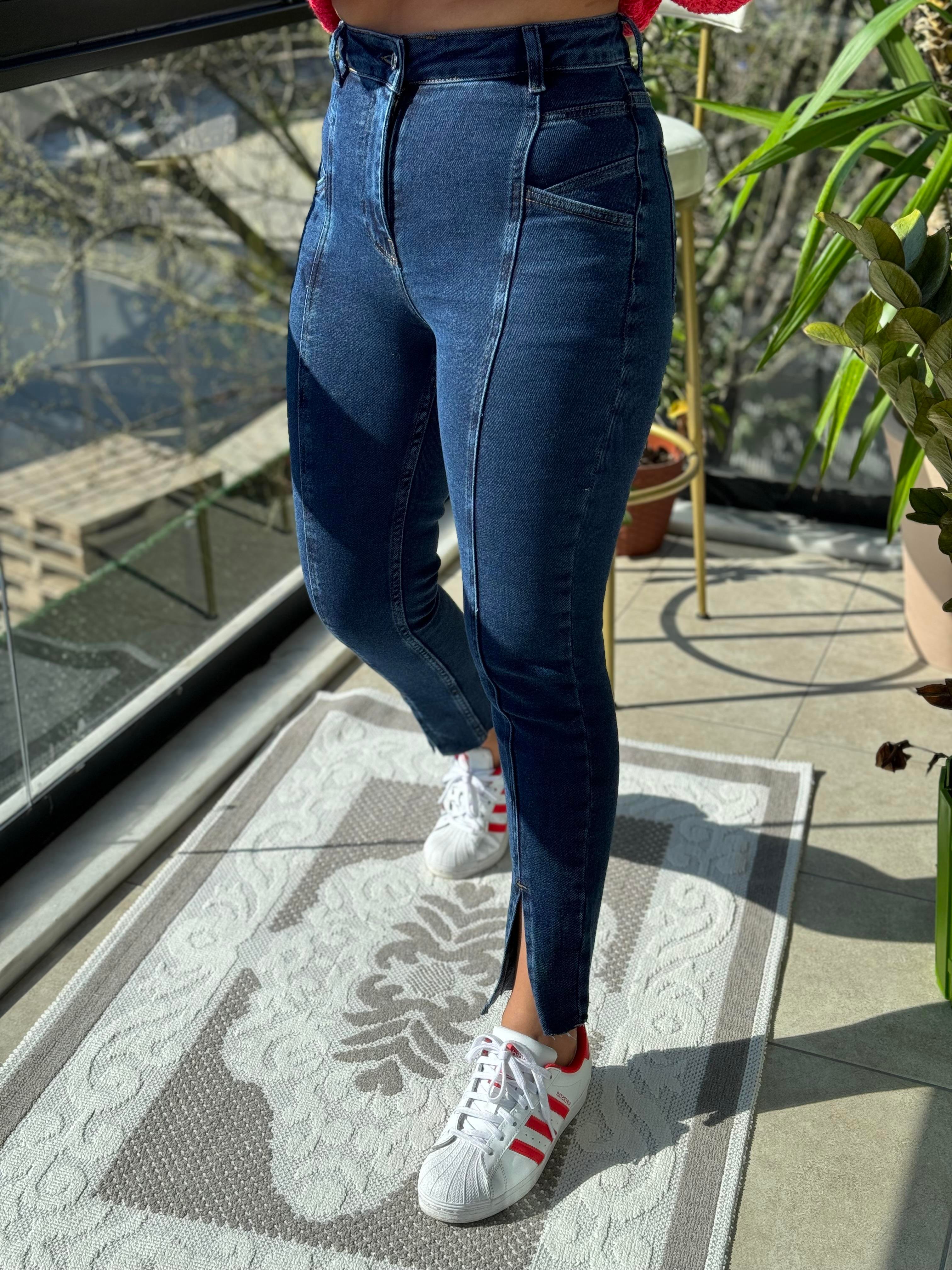 Dikişli Yırtmaçlı Jean Lacivert