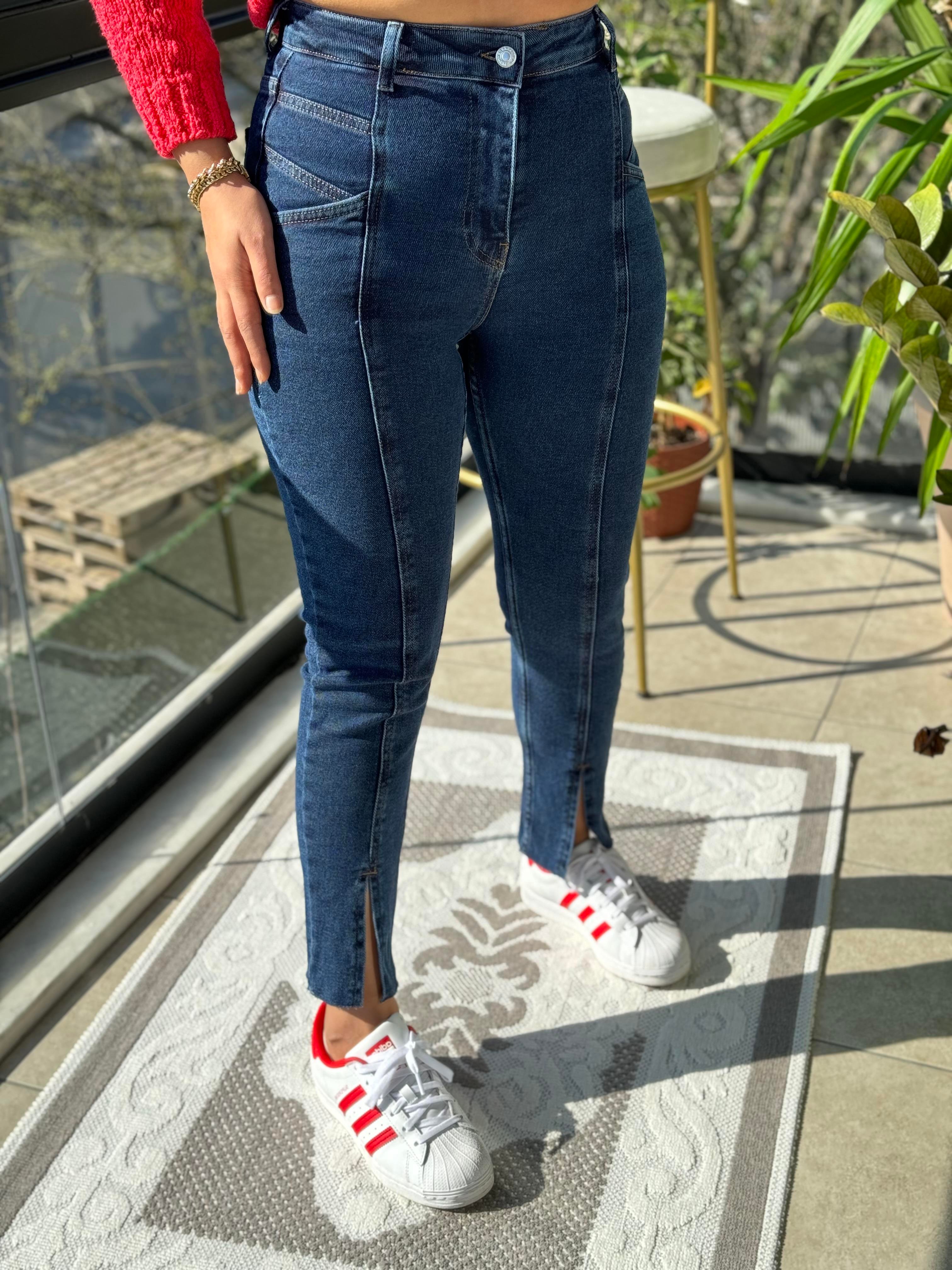 Dikişli Yırtmaçlı Jean Lacivert