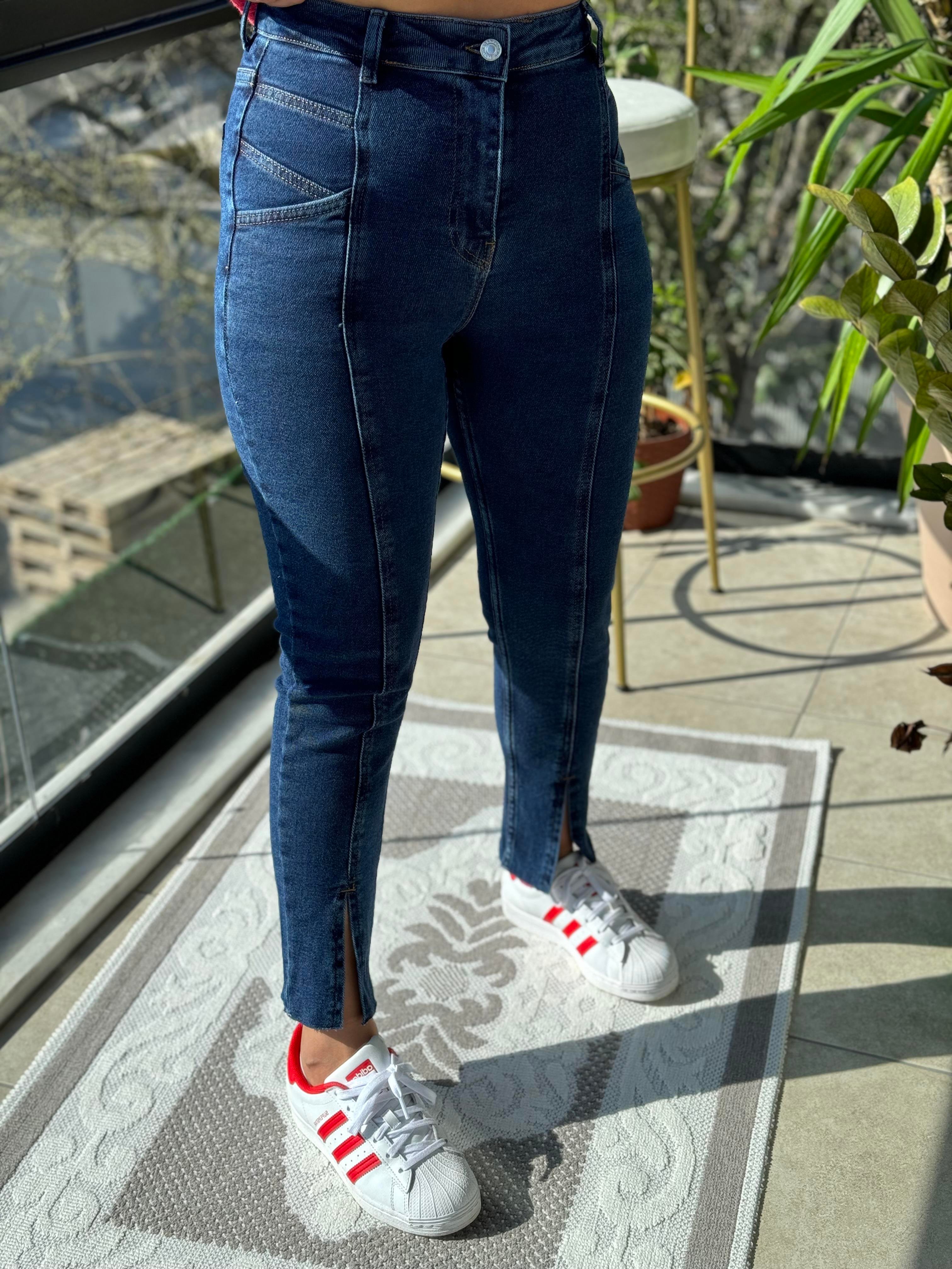 Dikişli Yırtmaçlı Jean Lacivert