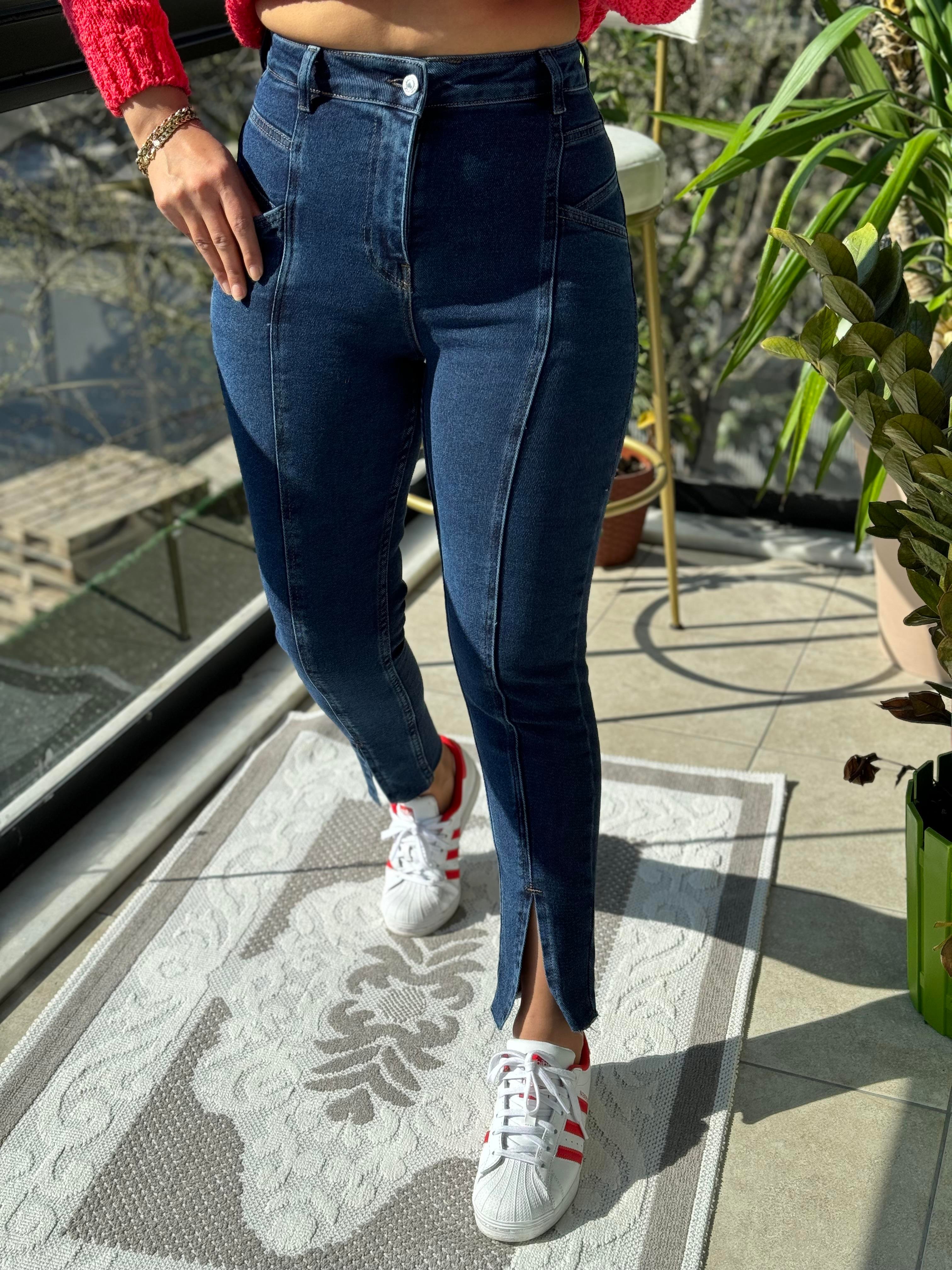 Dikişli Yırtmaçlı Jean Lacivert