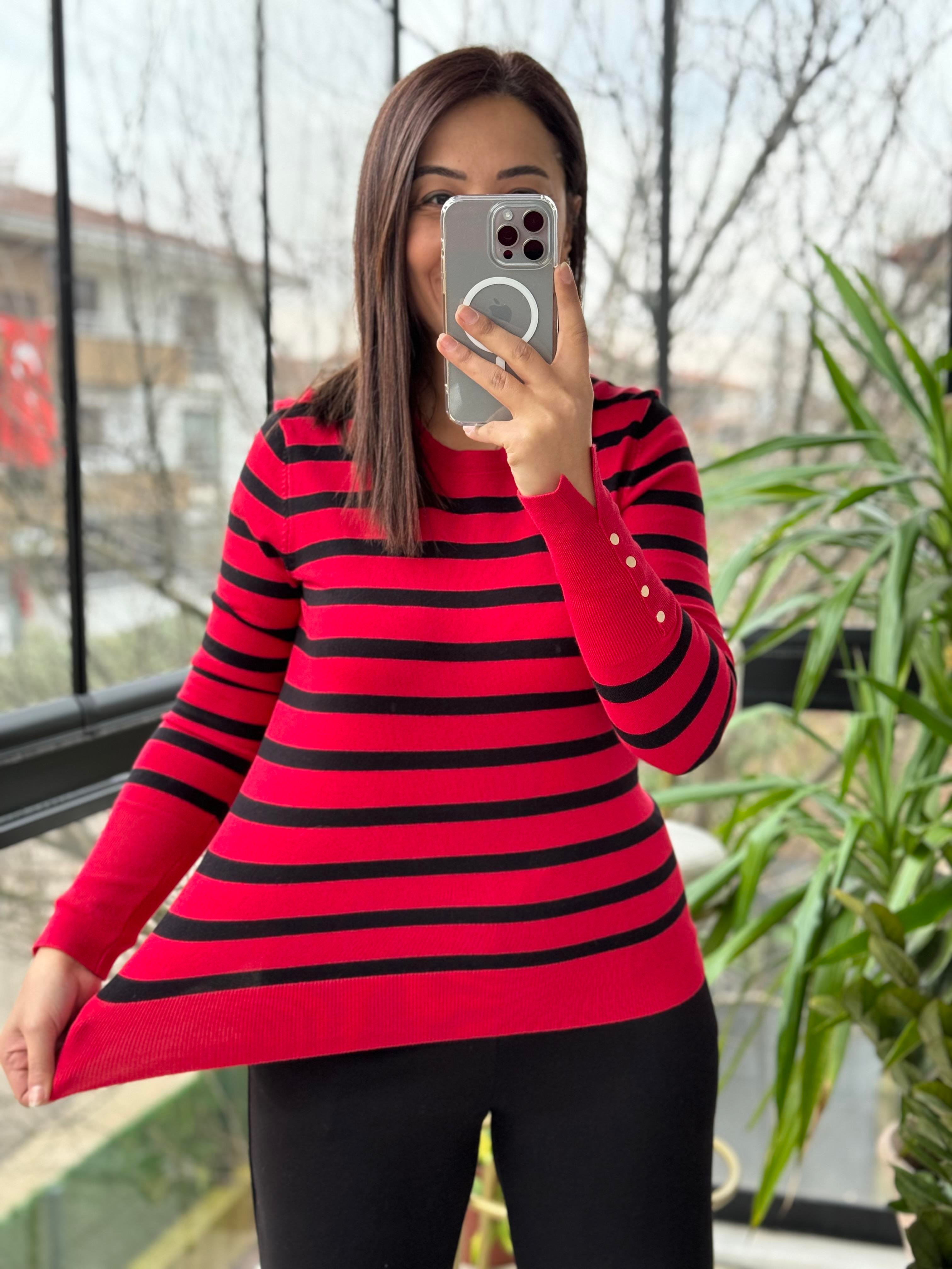 Dilvin Bisiklet Yaka Çizgili Triko Kırmızı