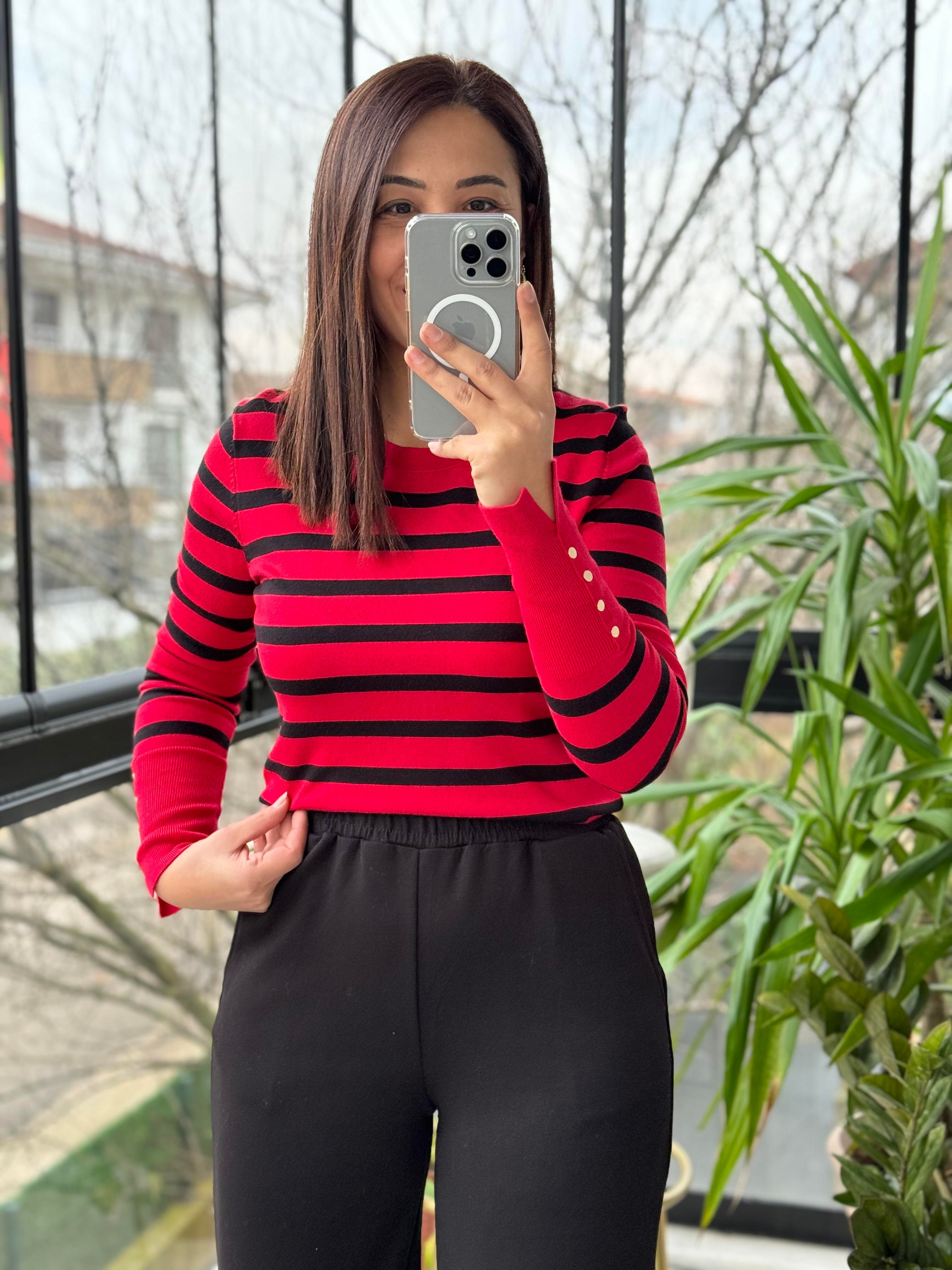 Dilvin Bisiklet Yaka Çizgili Triko Kırmızı