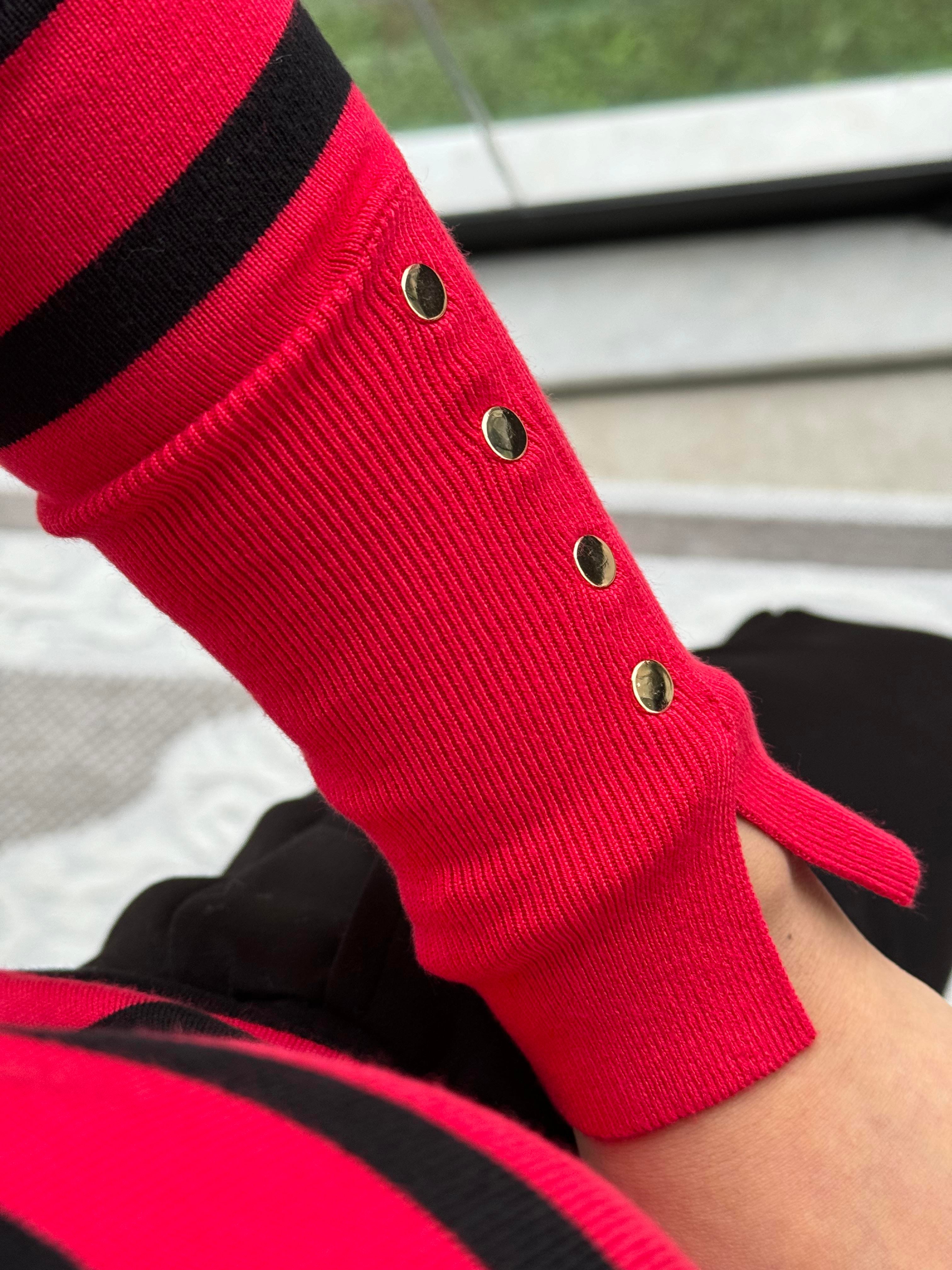 Dilvin Bisiklet Yaka Çizgili Triko Kırmızı