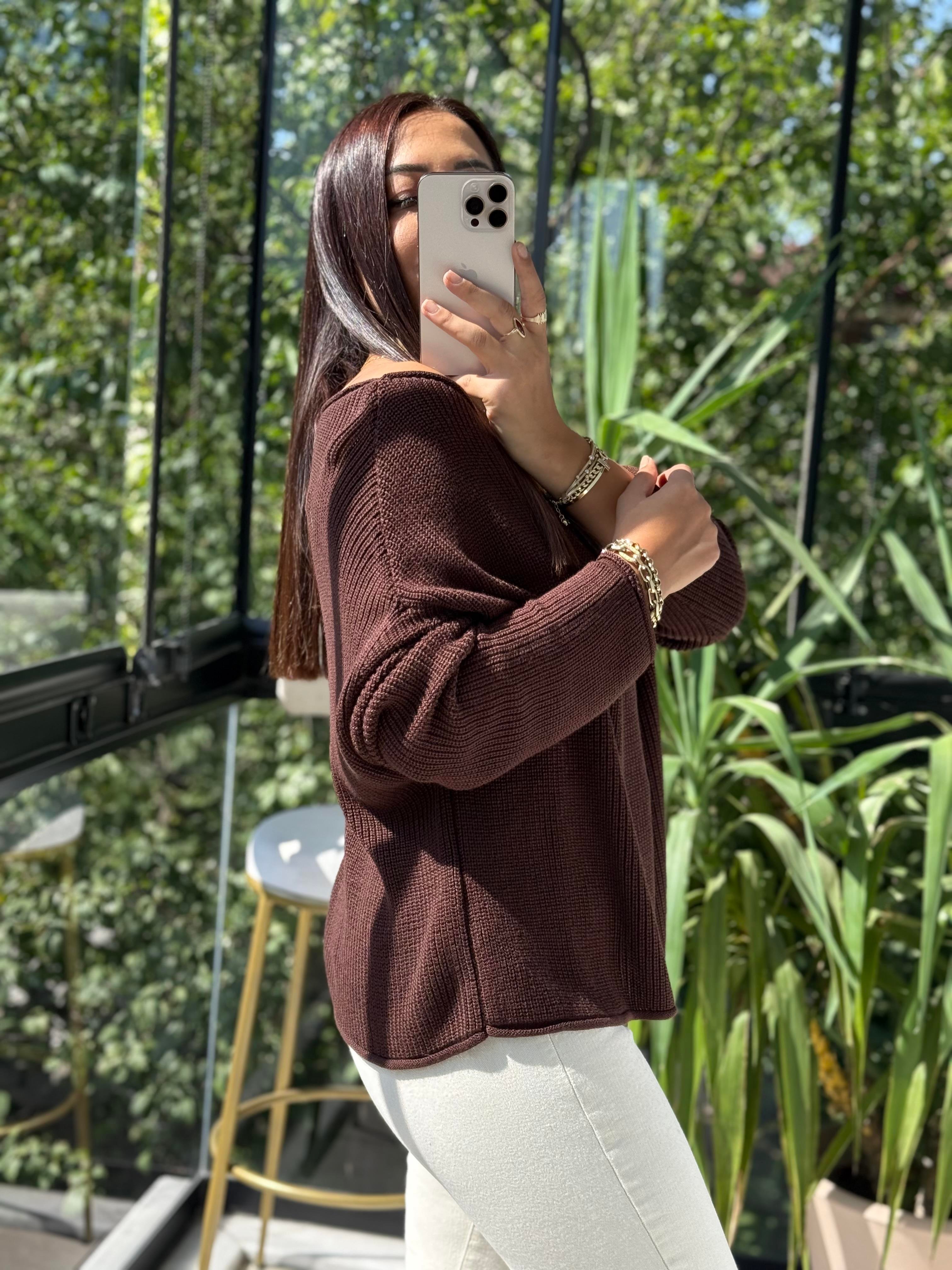 Dilvin Kayık Yaka Basic Triko Kazak Kahve