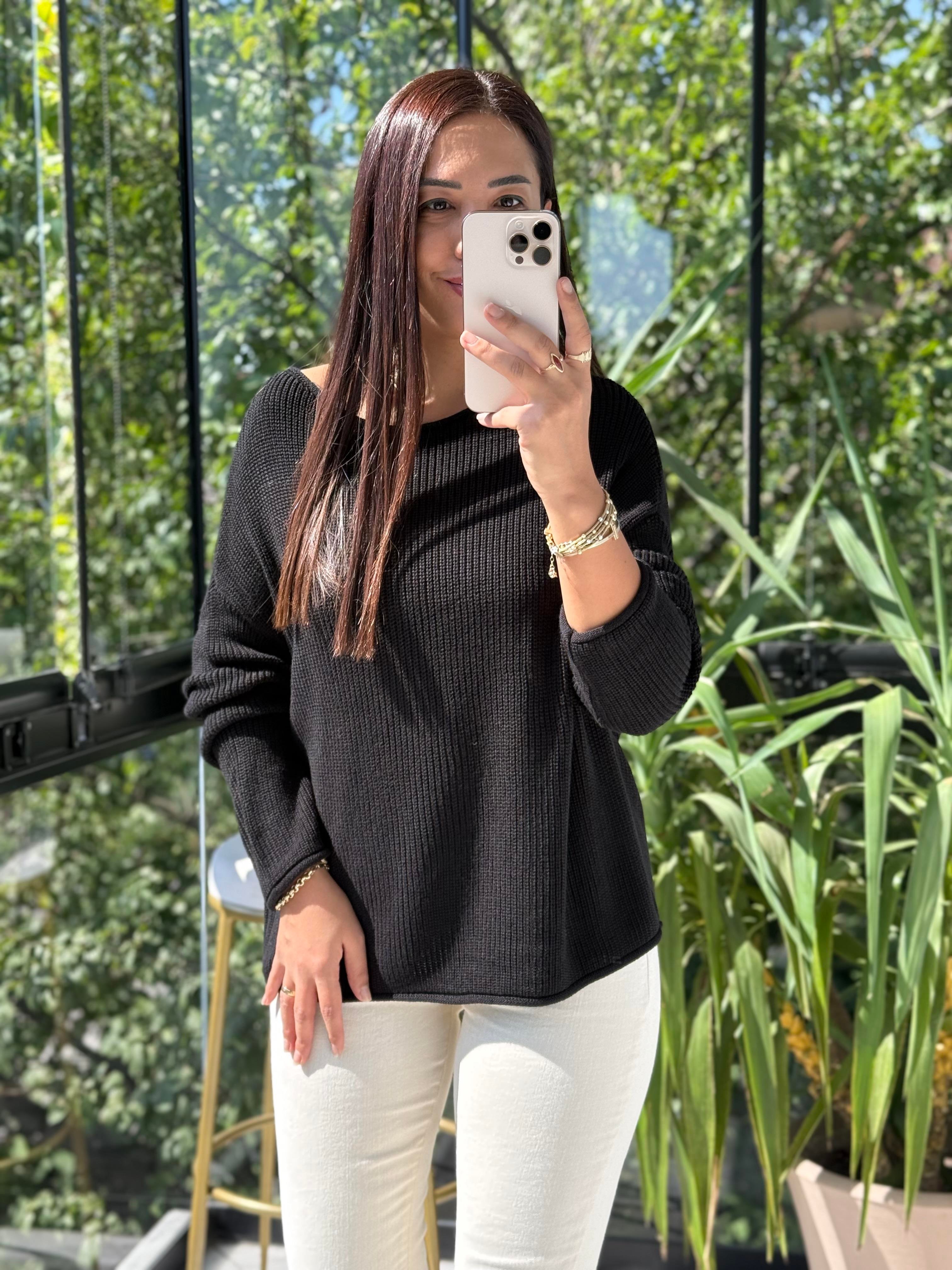 Dilvin Kayık Yaka Basic Triko Kazak Siyah