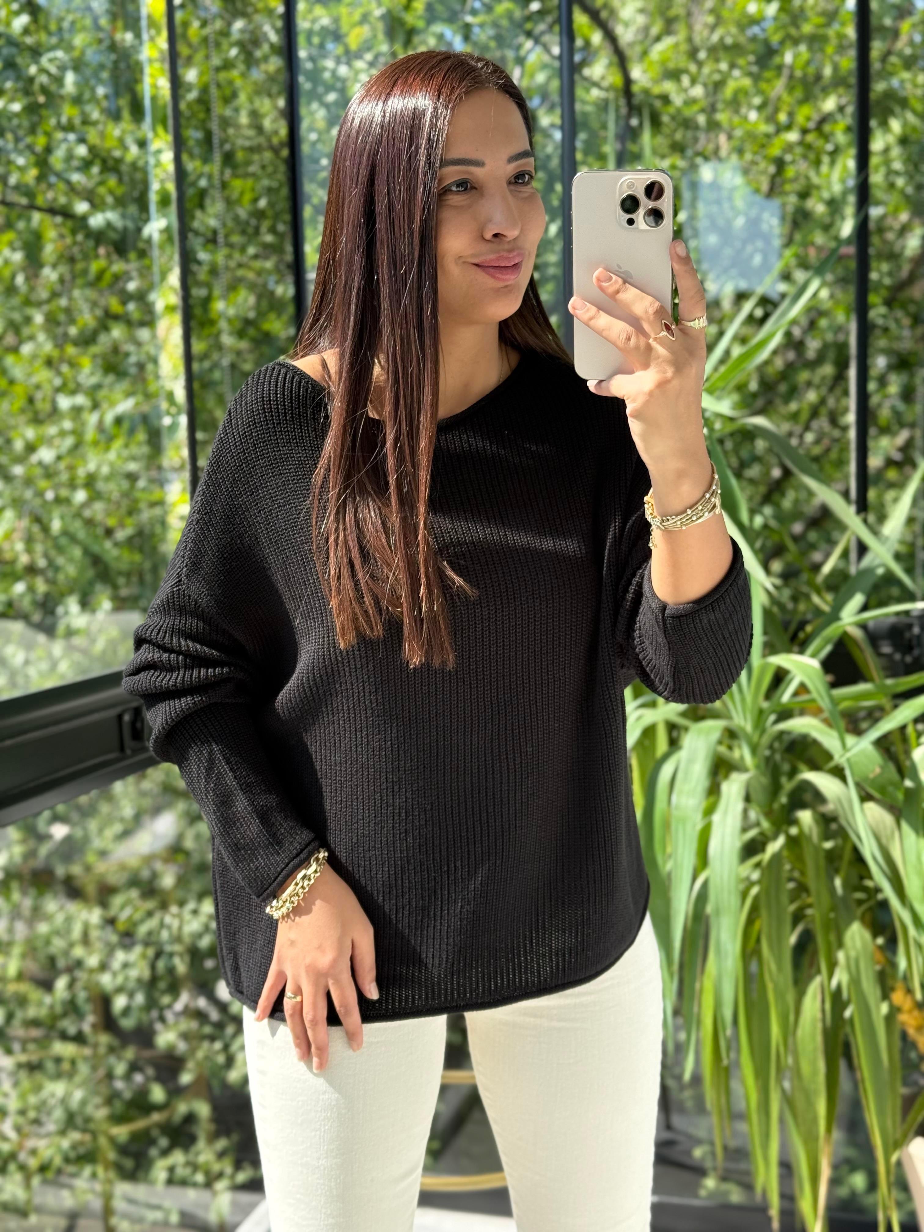 Dilvin Kayık Yaka Basic Triko Kazak Siyah