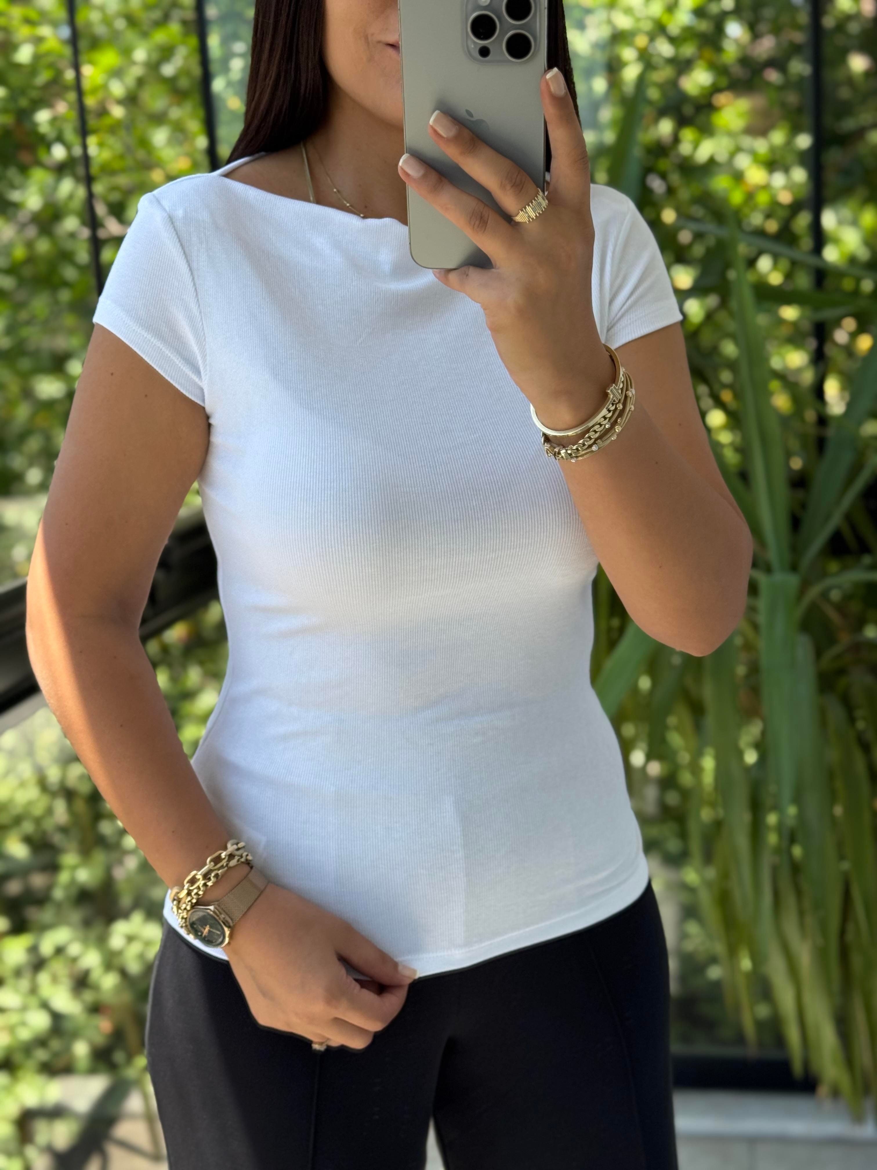 Dilvin Kayık Yaka Tişört Beyaz