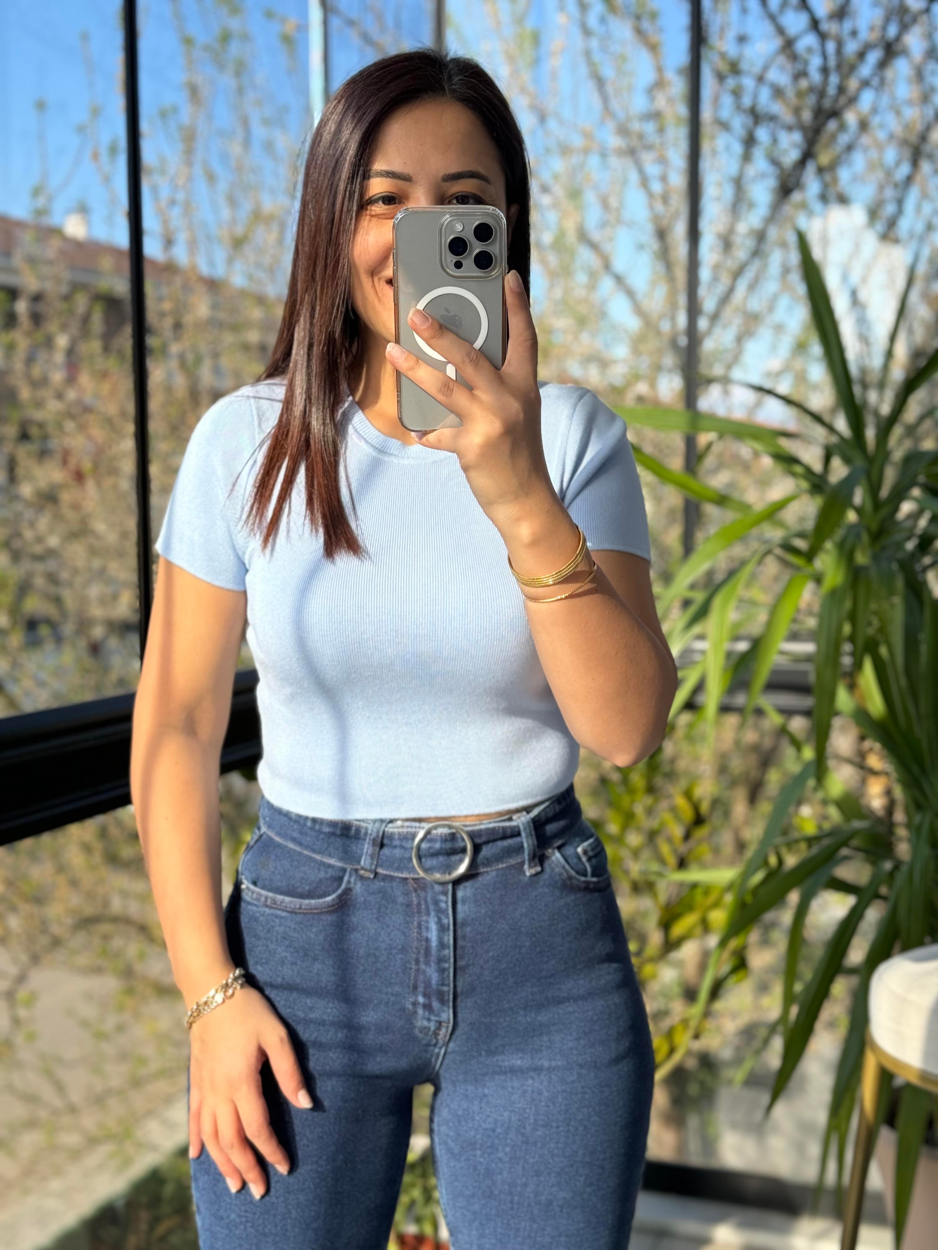 Dilvin Kısa Kol Crop Triko Bebe Mavi