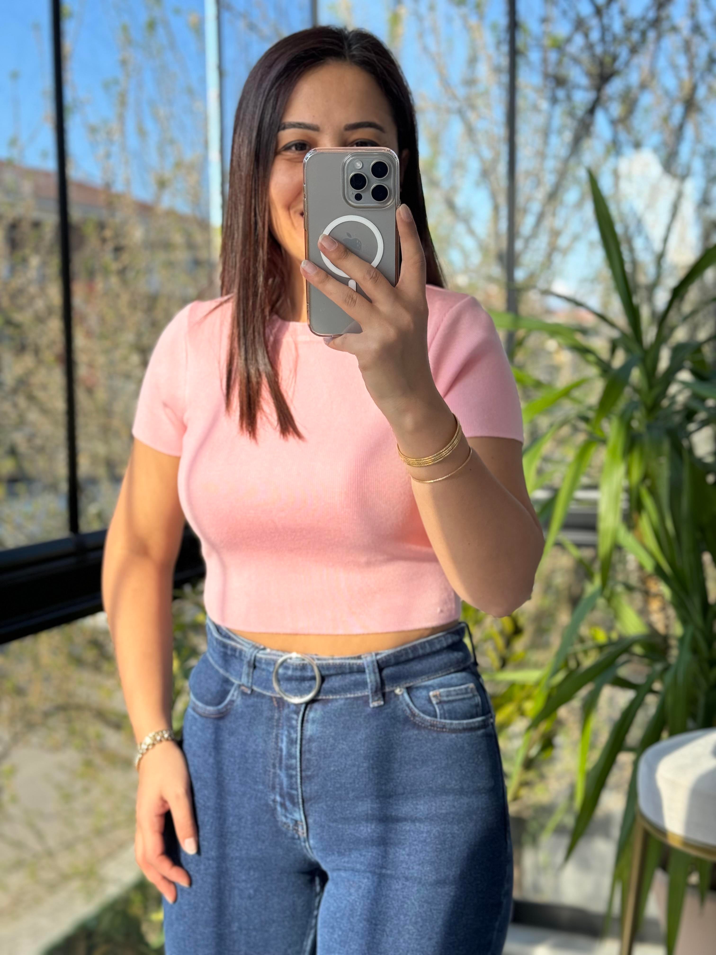 Dilvin Kısa Kol Crop Triko Pembe