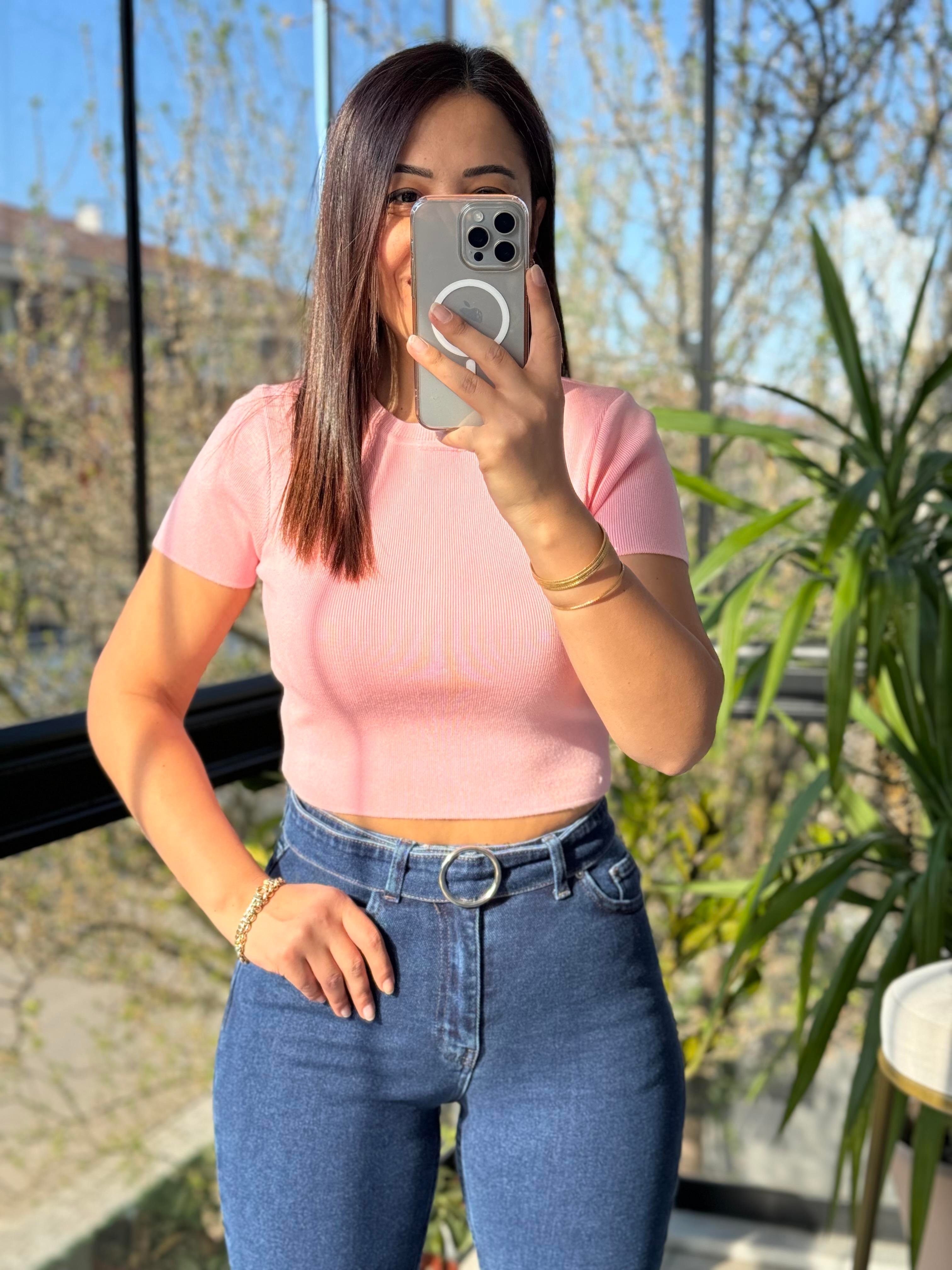 Dilvin Kısa Kol Crop Triko Pembe