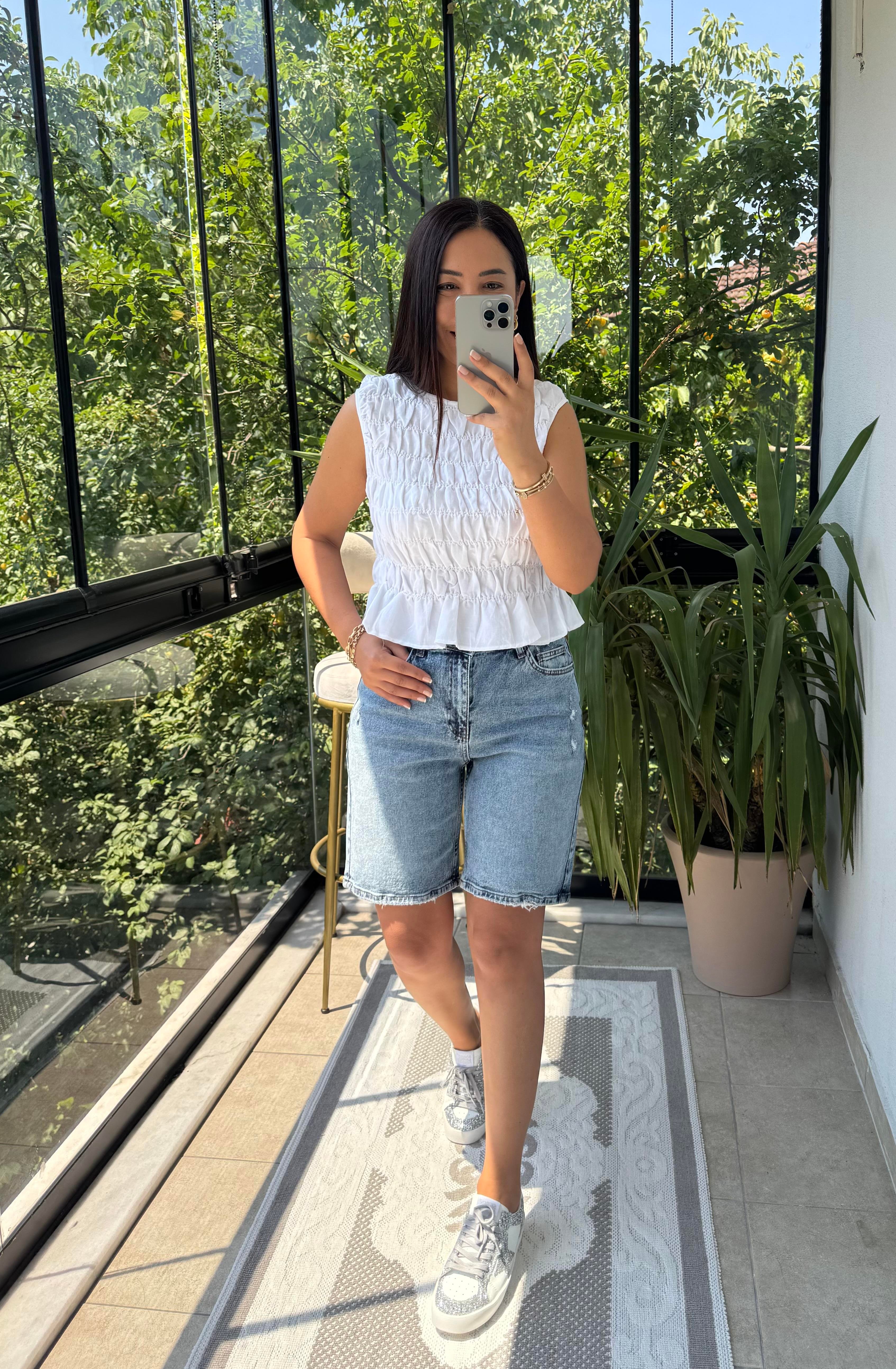 Dilvin Kolsuz Crop Bluz Ekru