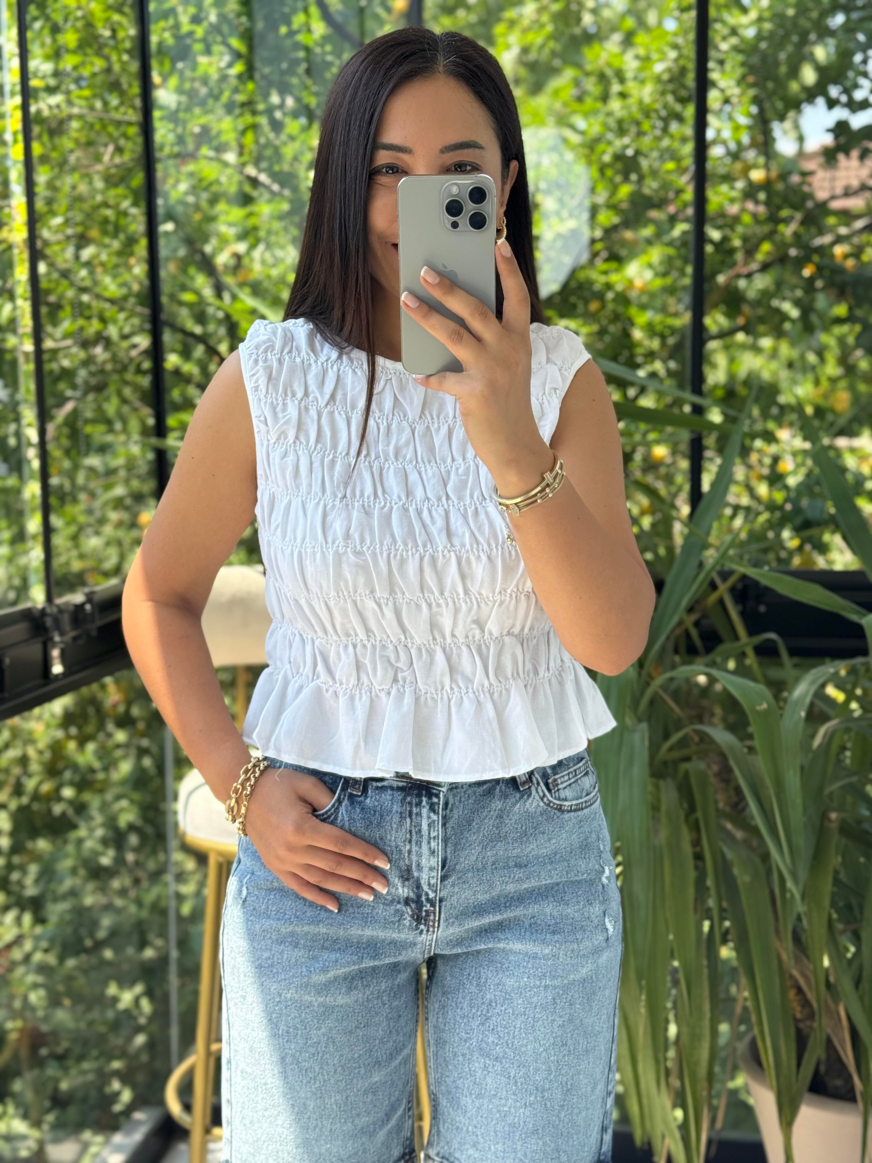 Dilvin Kolsuz Crop Bluz Ekru