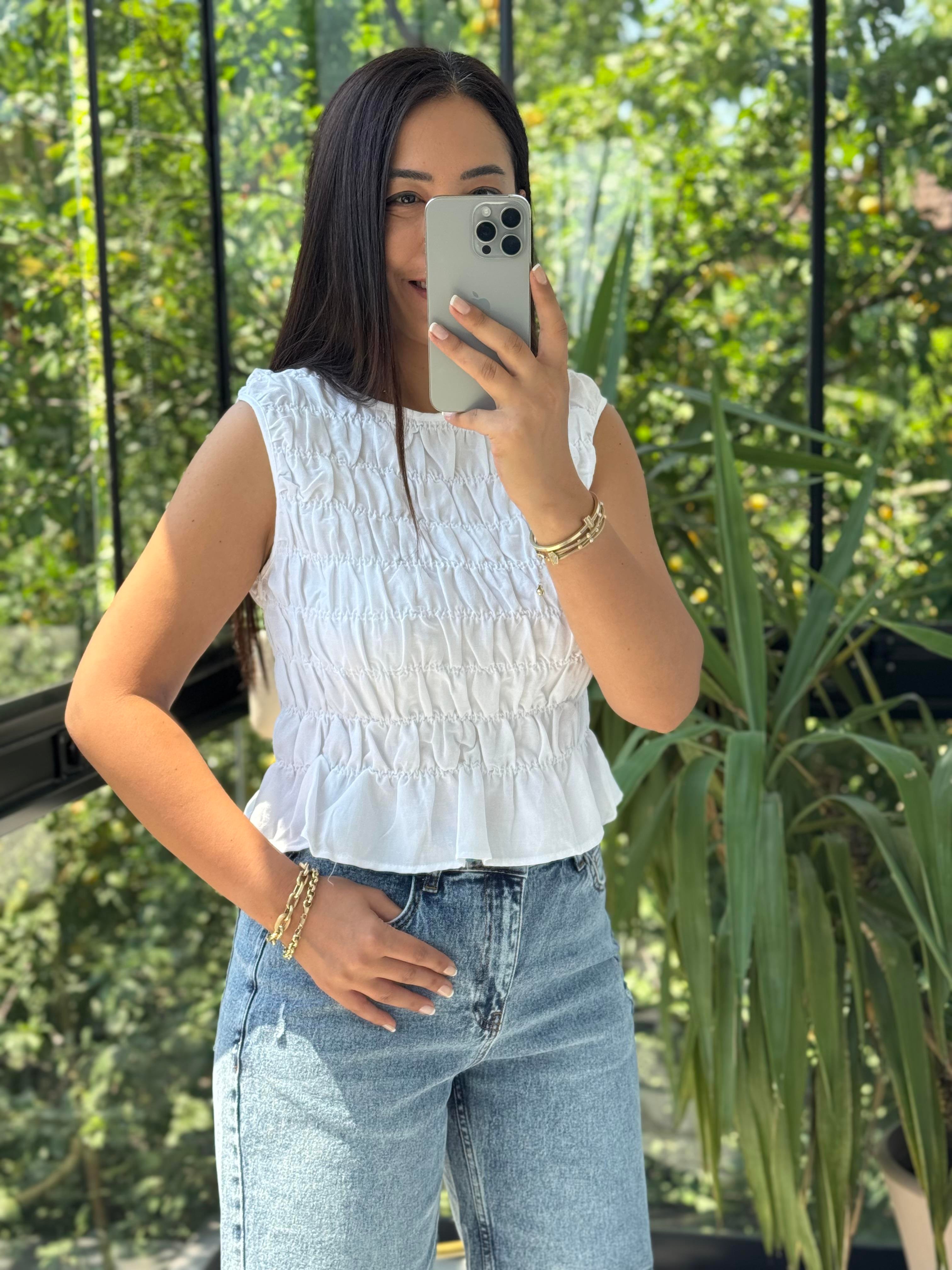 Dilvin Kolsuz Crop Bluz Ekru