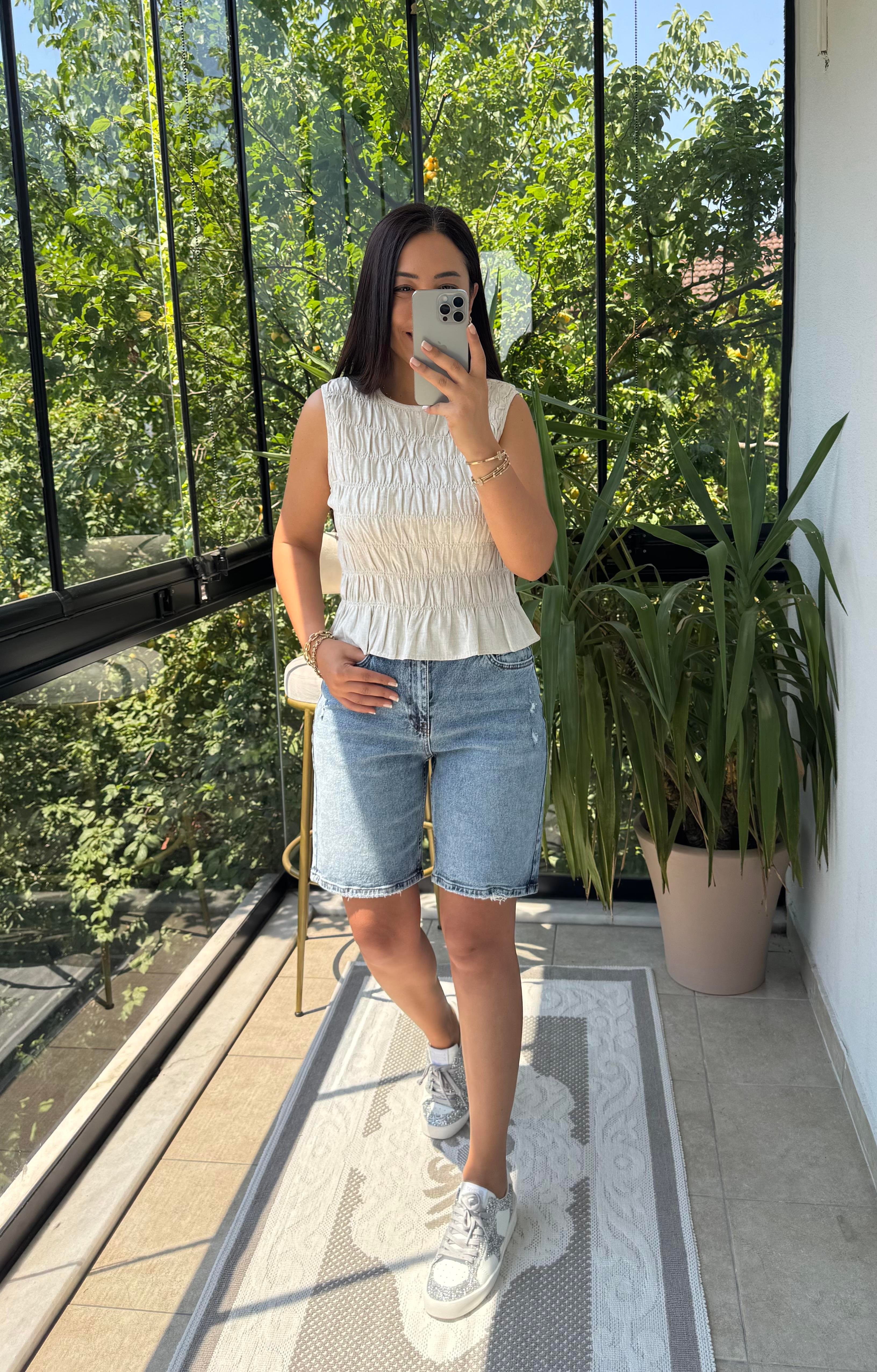 Dilvin Kolsuz Crop Bluz Natural