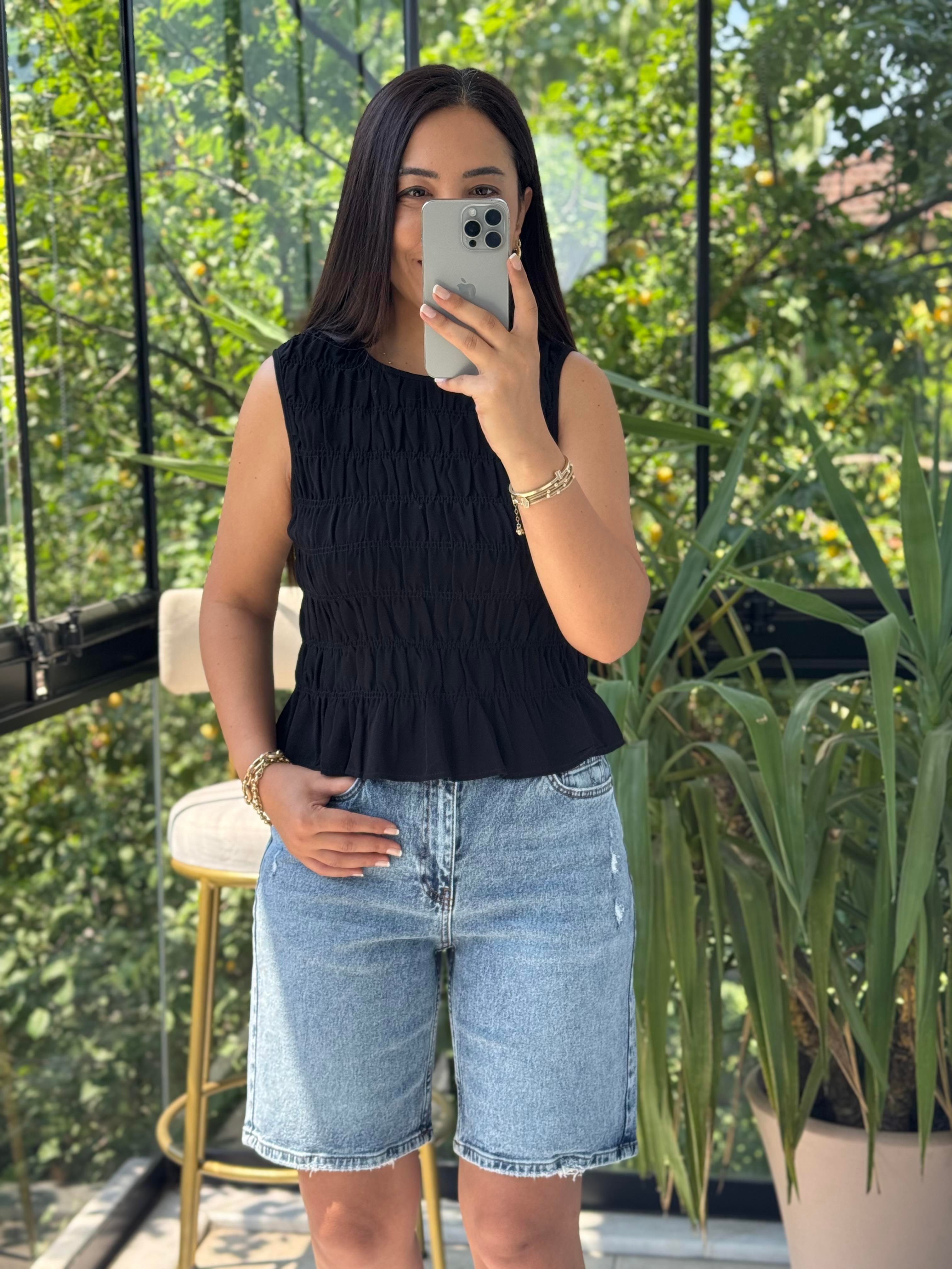 Dilvin Kolsuz Crop Bluz Siyah